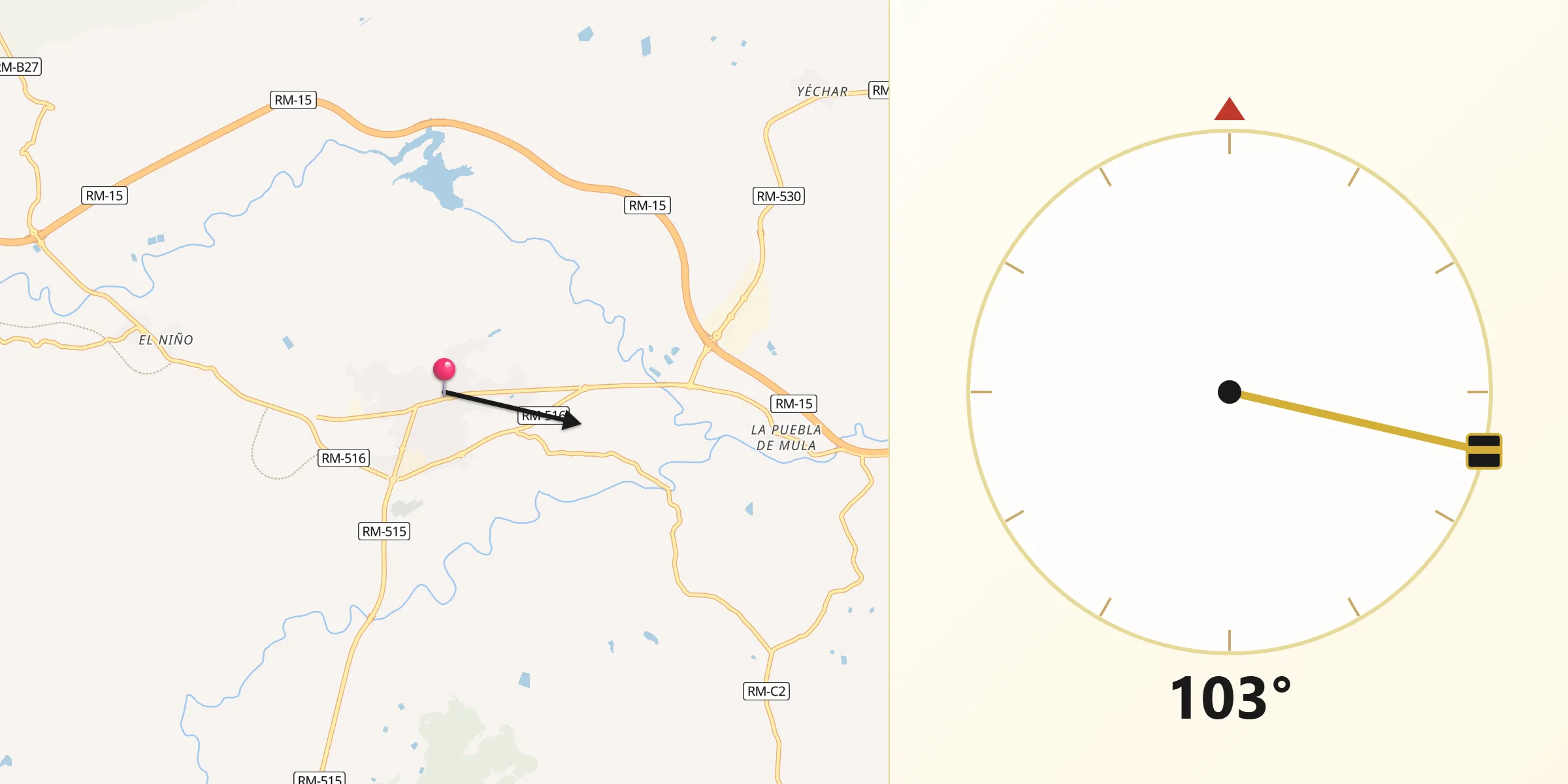 Dirección de la Qibla desde Mula