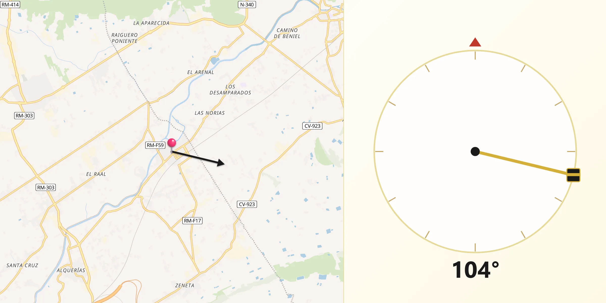 Dirección de la Qibla desde Beniel