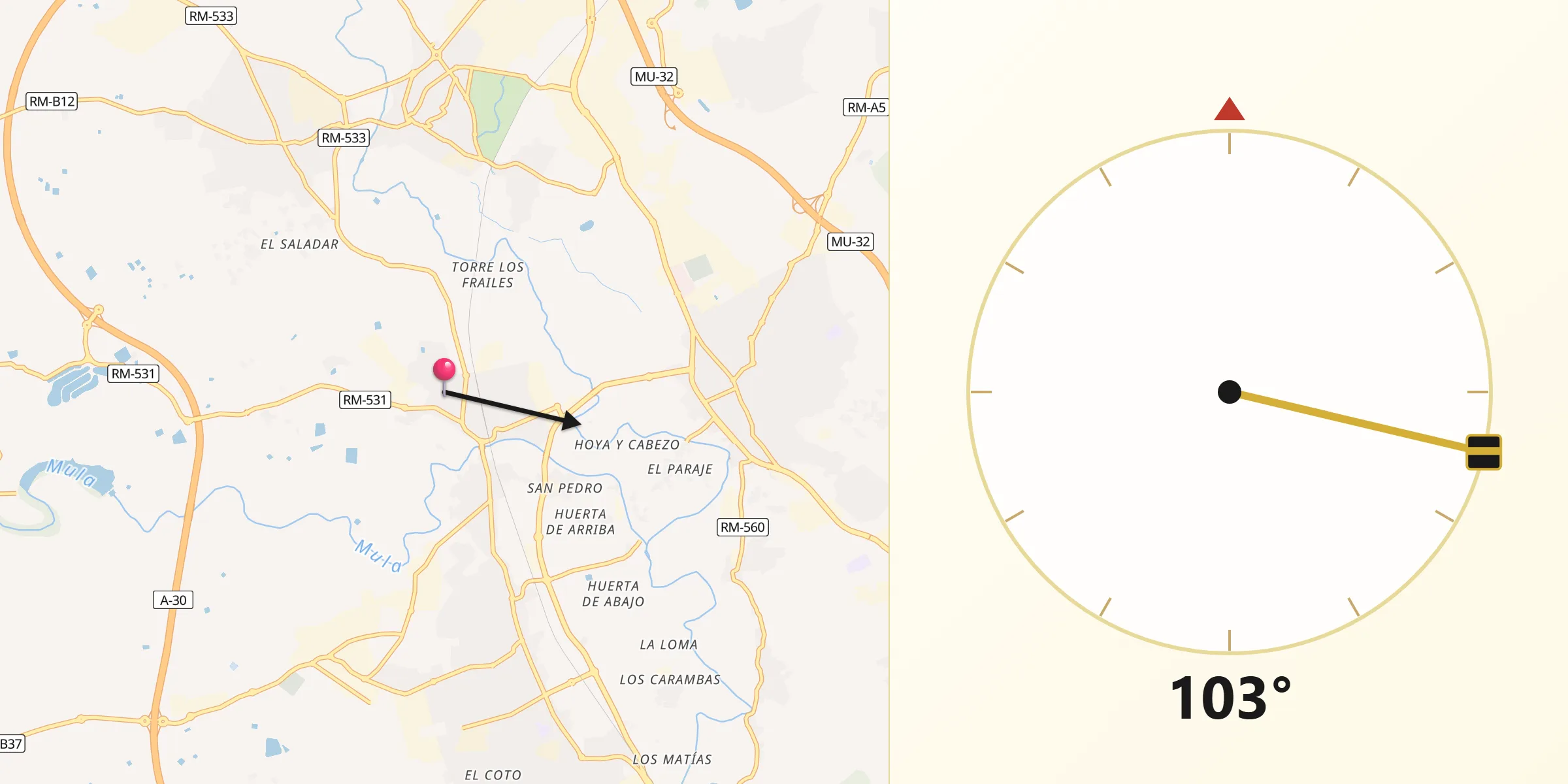 Dirección de la Qibla desde Alguazas