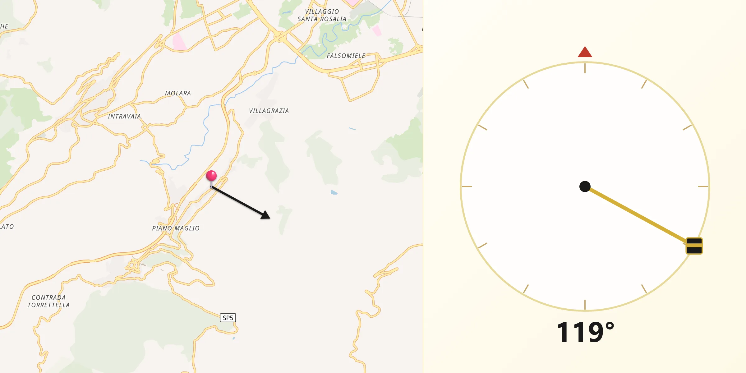 Direzione della Qibla da Villa Ciambra