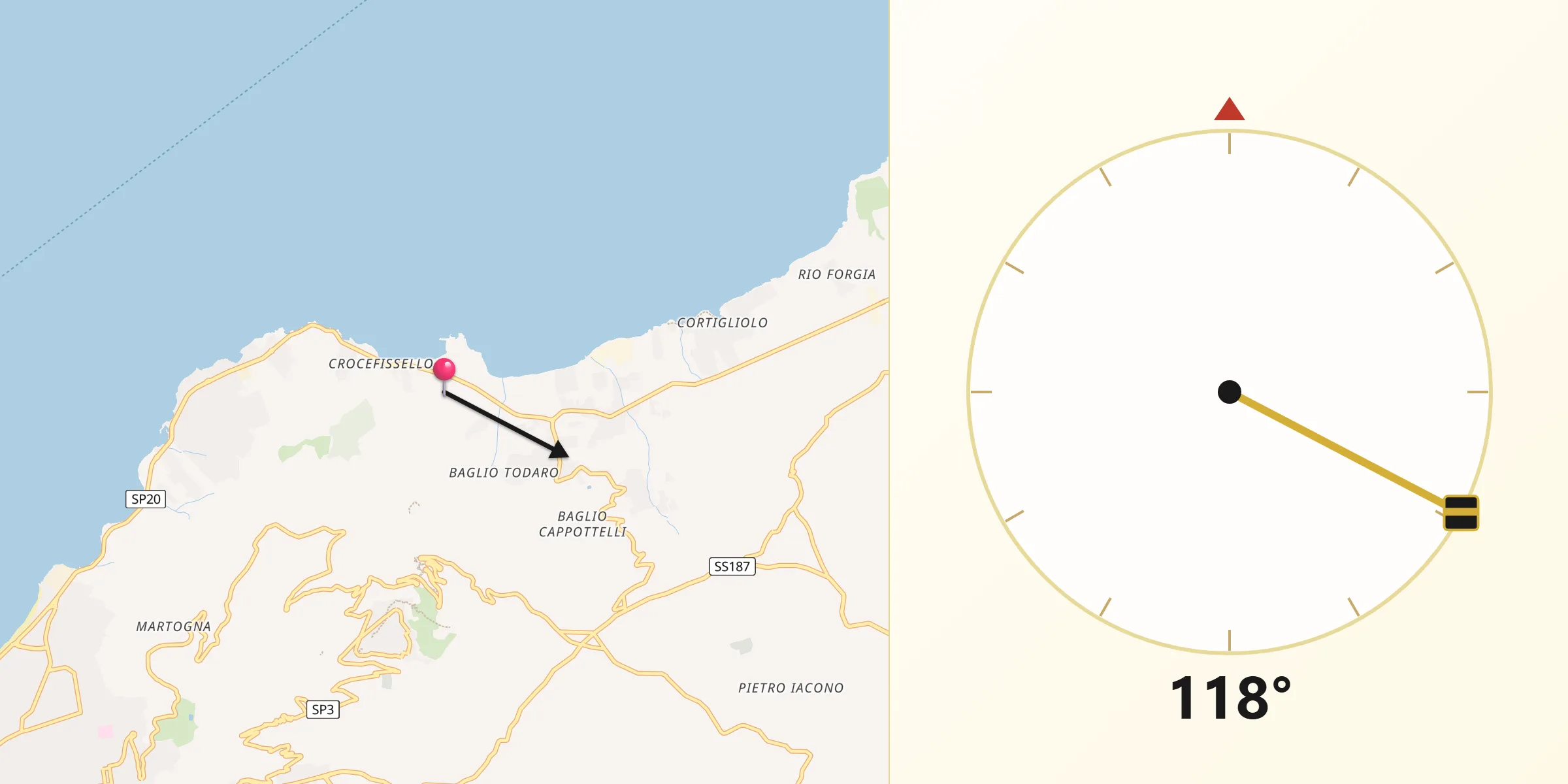 Direzione della Qibla da Tonnara di Bonagia