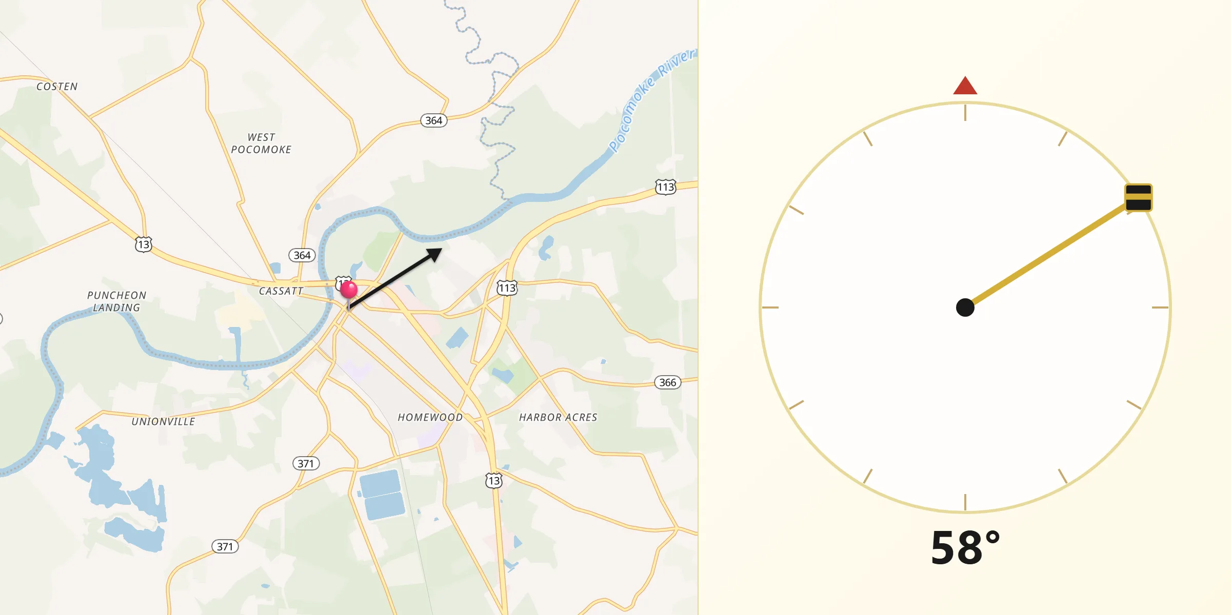 Qibla Direction from Pocomoke City