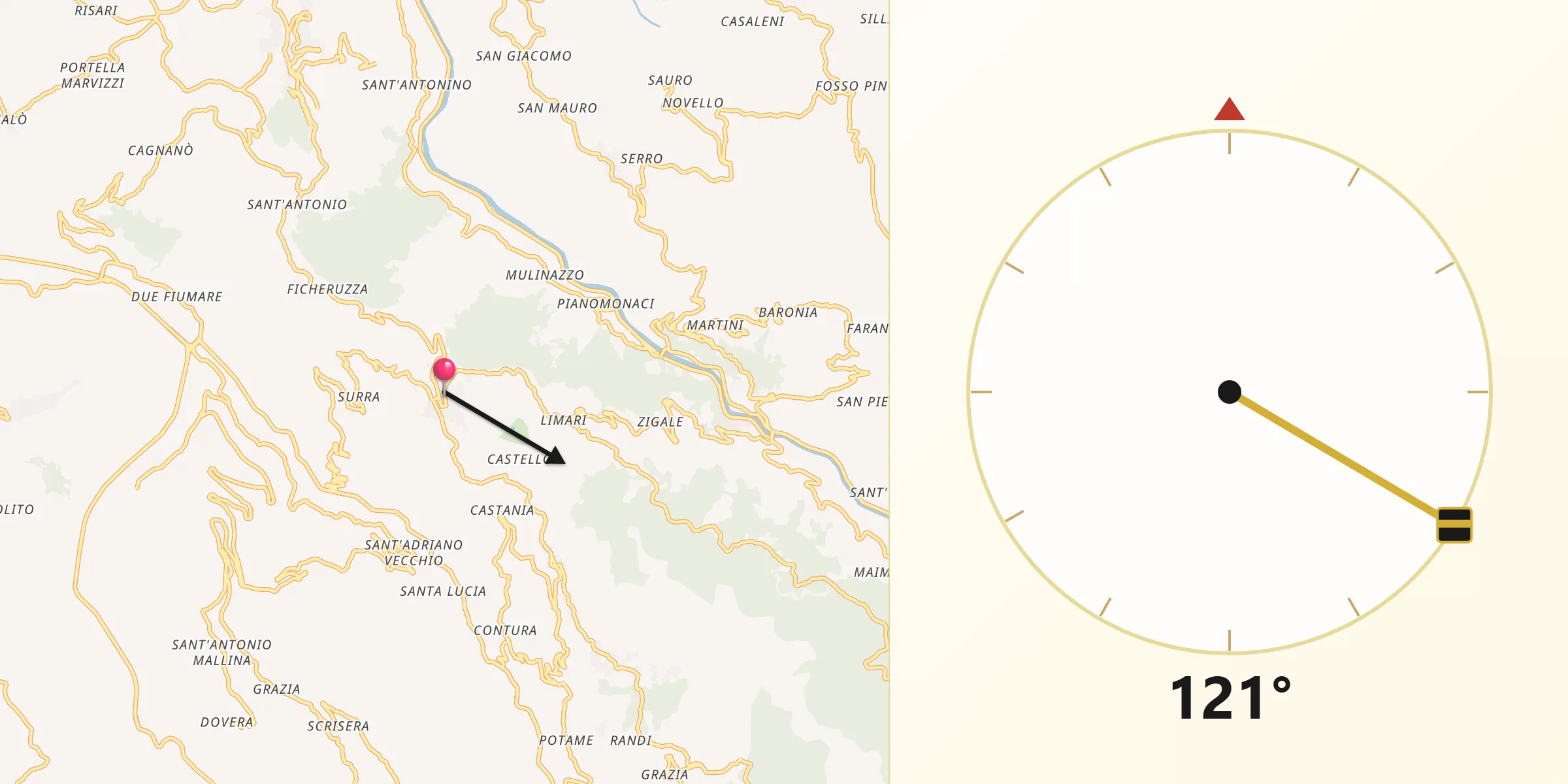 Direzione della Qibla da Castell'Umberto