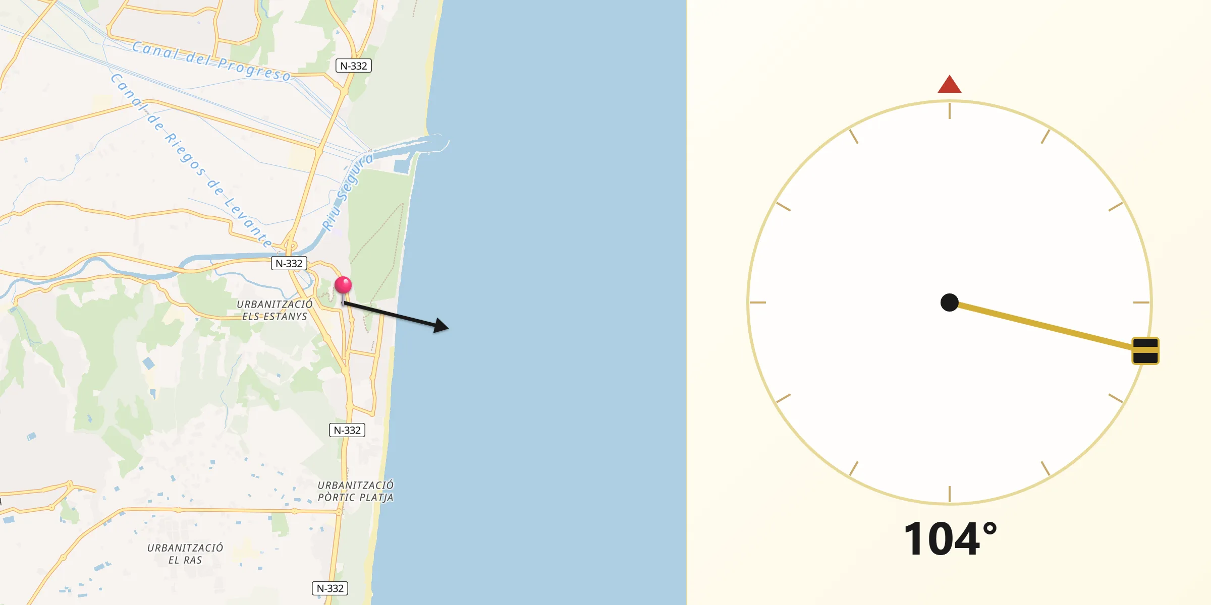 Dirección de la Qibla desde Guardamar del Segura