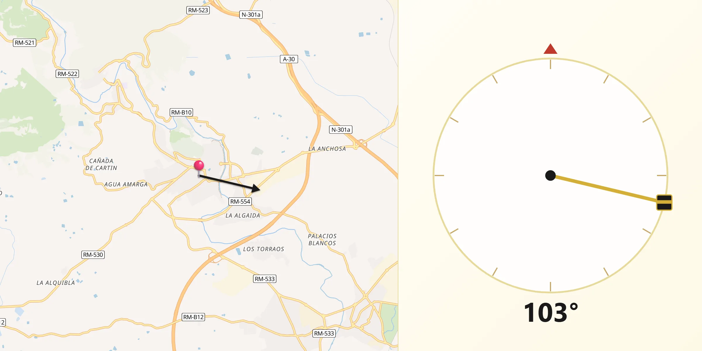 Dirección de la Qibla desde Archena
