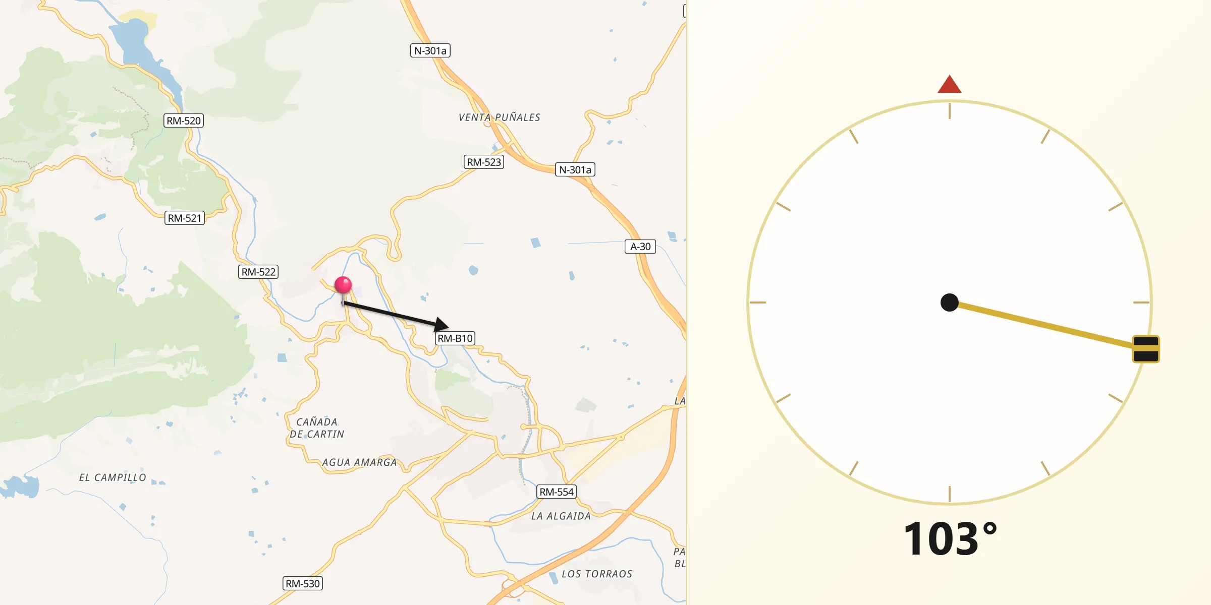 Dirección de la Qibla desde Villanueva del Río Segura