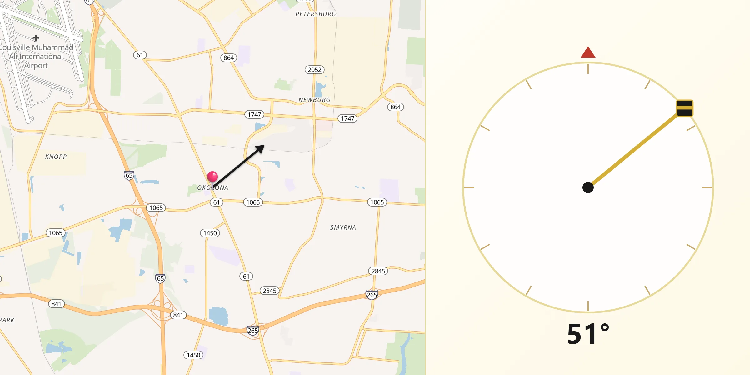 Qibla Direction from Okolona