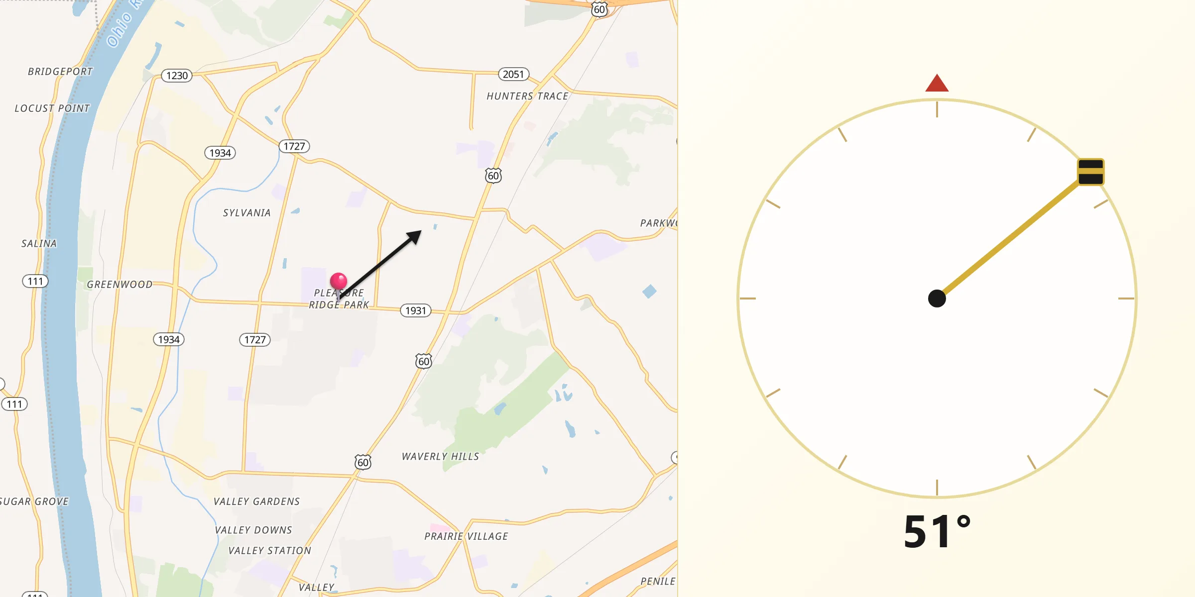 Qibla Direction from Pleasure Ridge Park