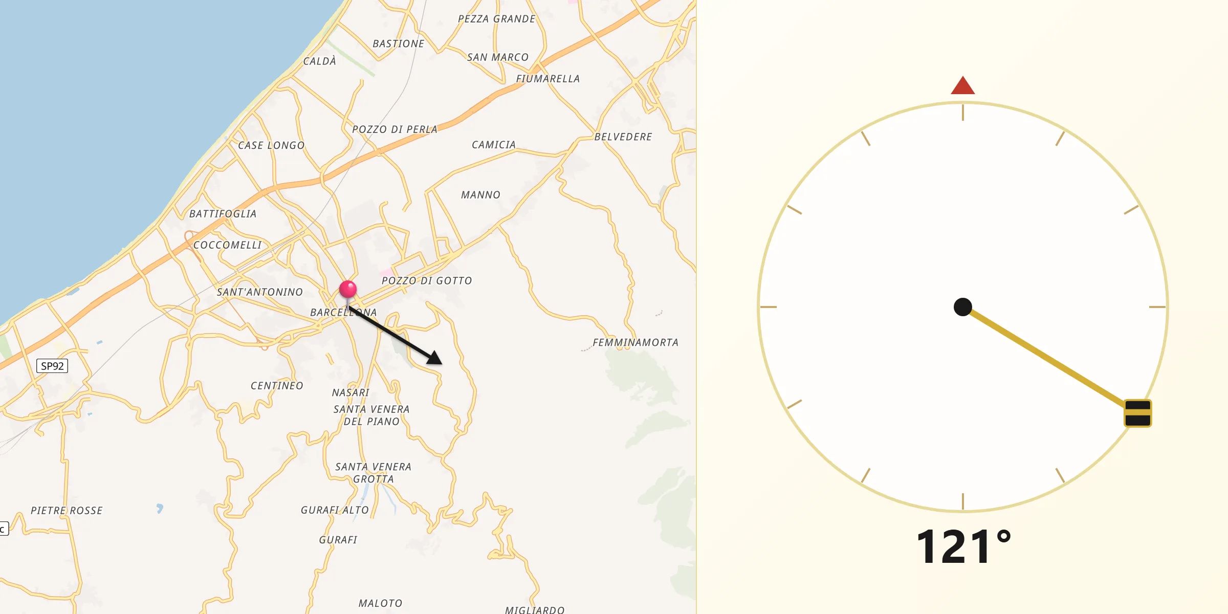 Direzione della Qibla da Barcellona Pozzo di Gotto