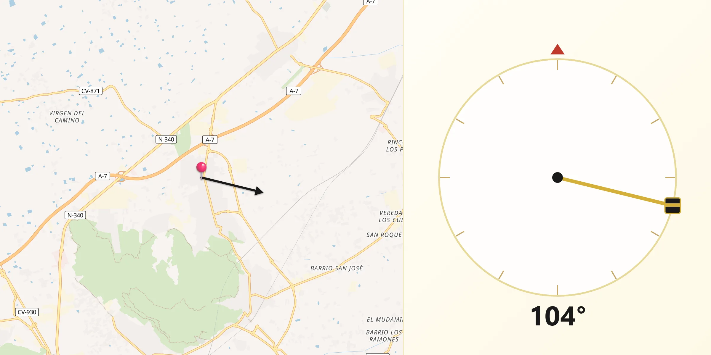 Dirección de la Qibla desde Granja de Rocamora