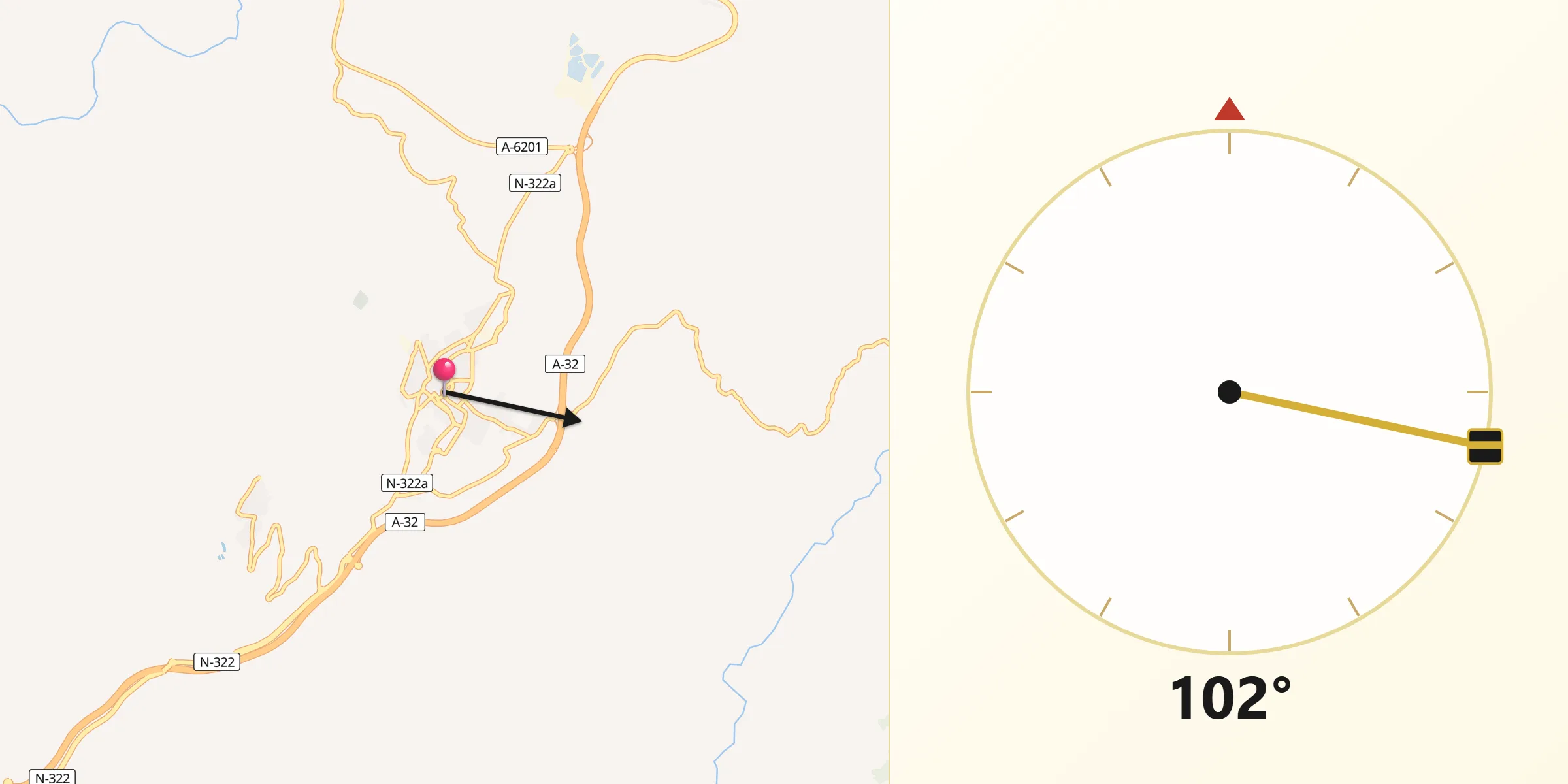 Dirección de la Qibla desde Villanueva del Arzobispo