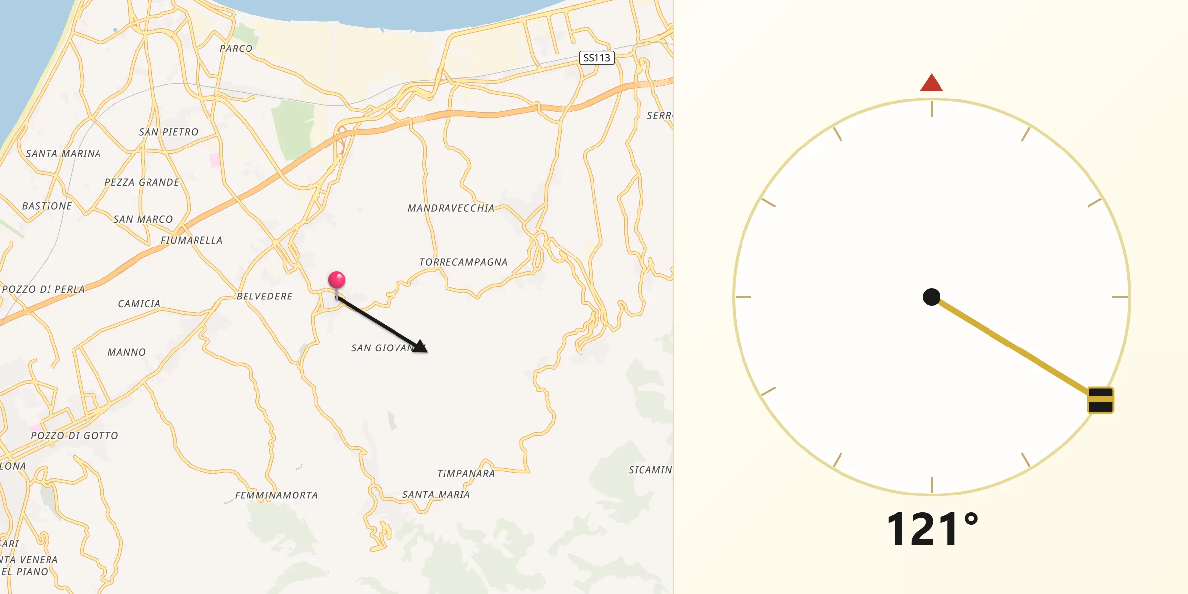 Direzione della Qibla da San Filippo del Mela