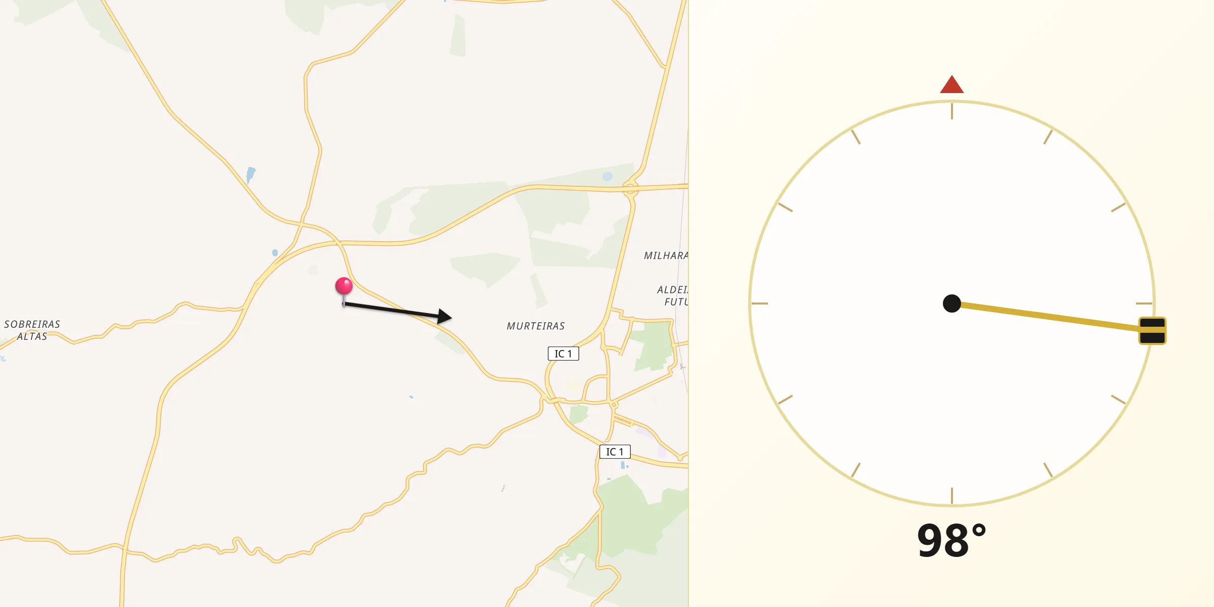 Direção da Qibla a partir de Grândola