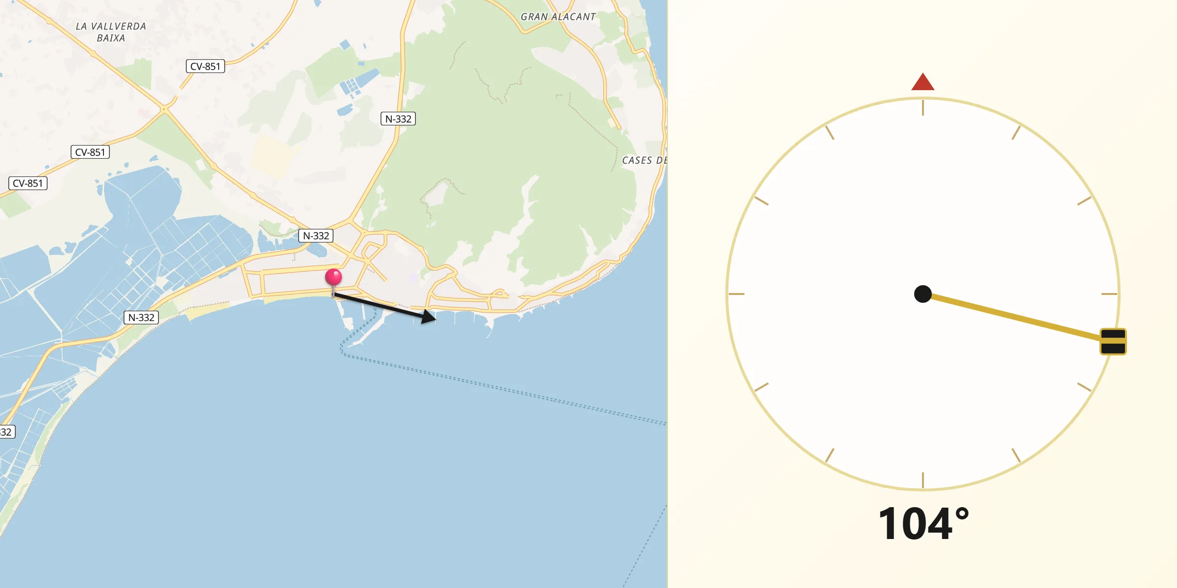 Dirección de la Qibla desde Santa Pola