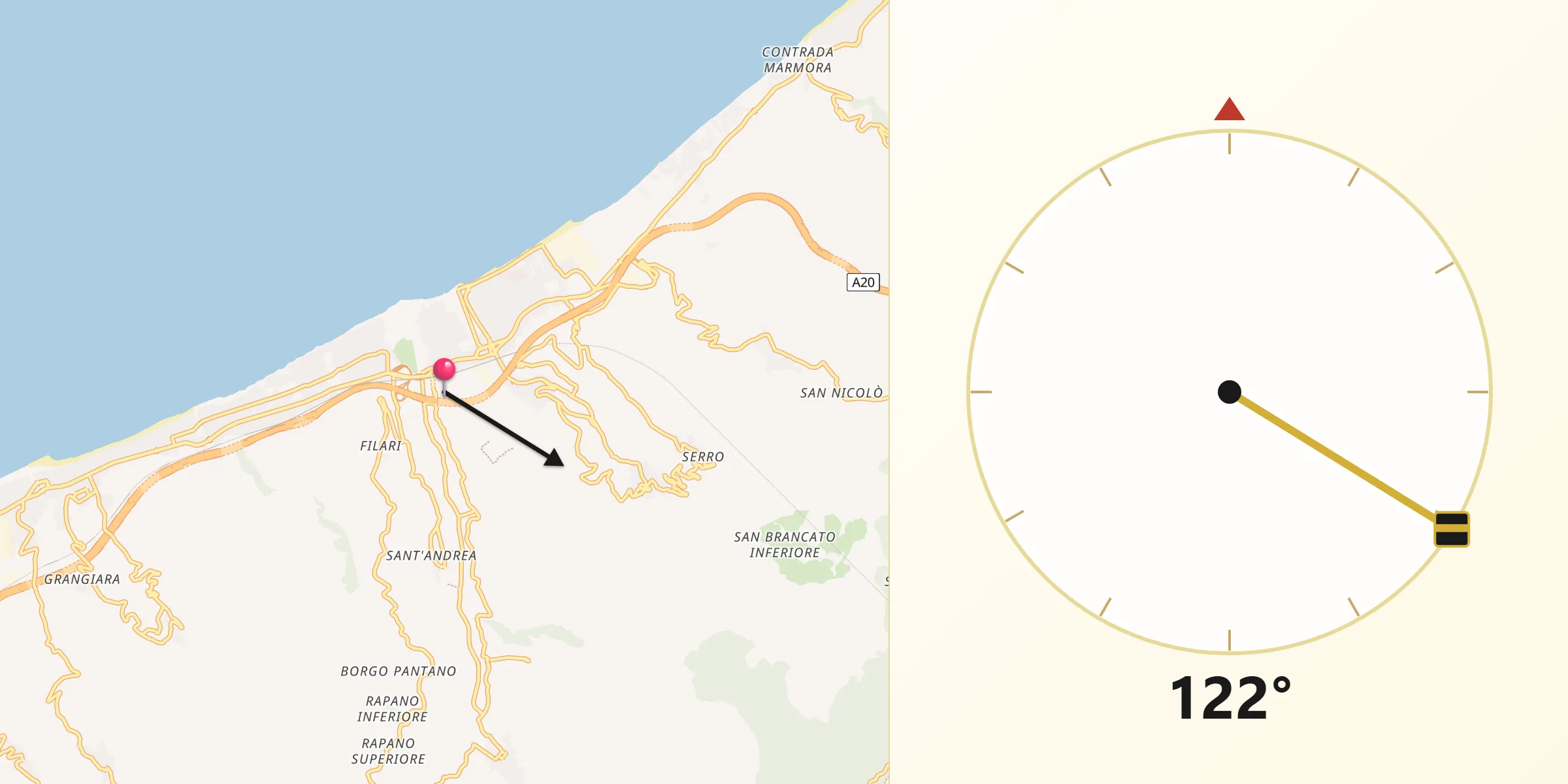 Direzione della Qibla da Saponara Marittima