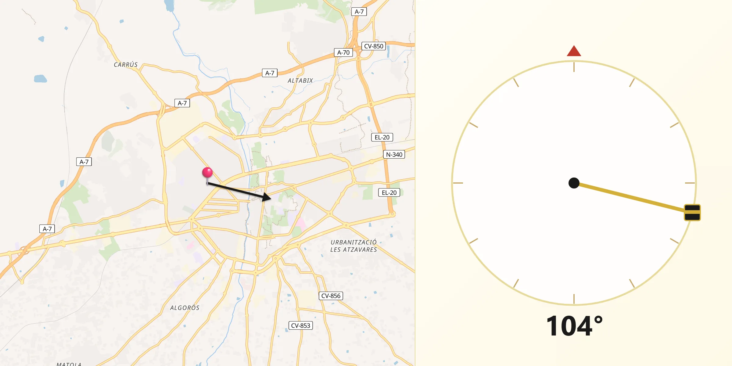 Dirección de la Qibla desde Elche/Elx