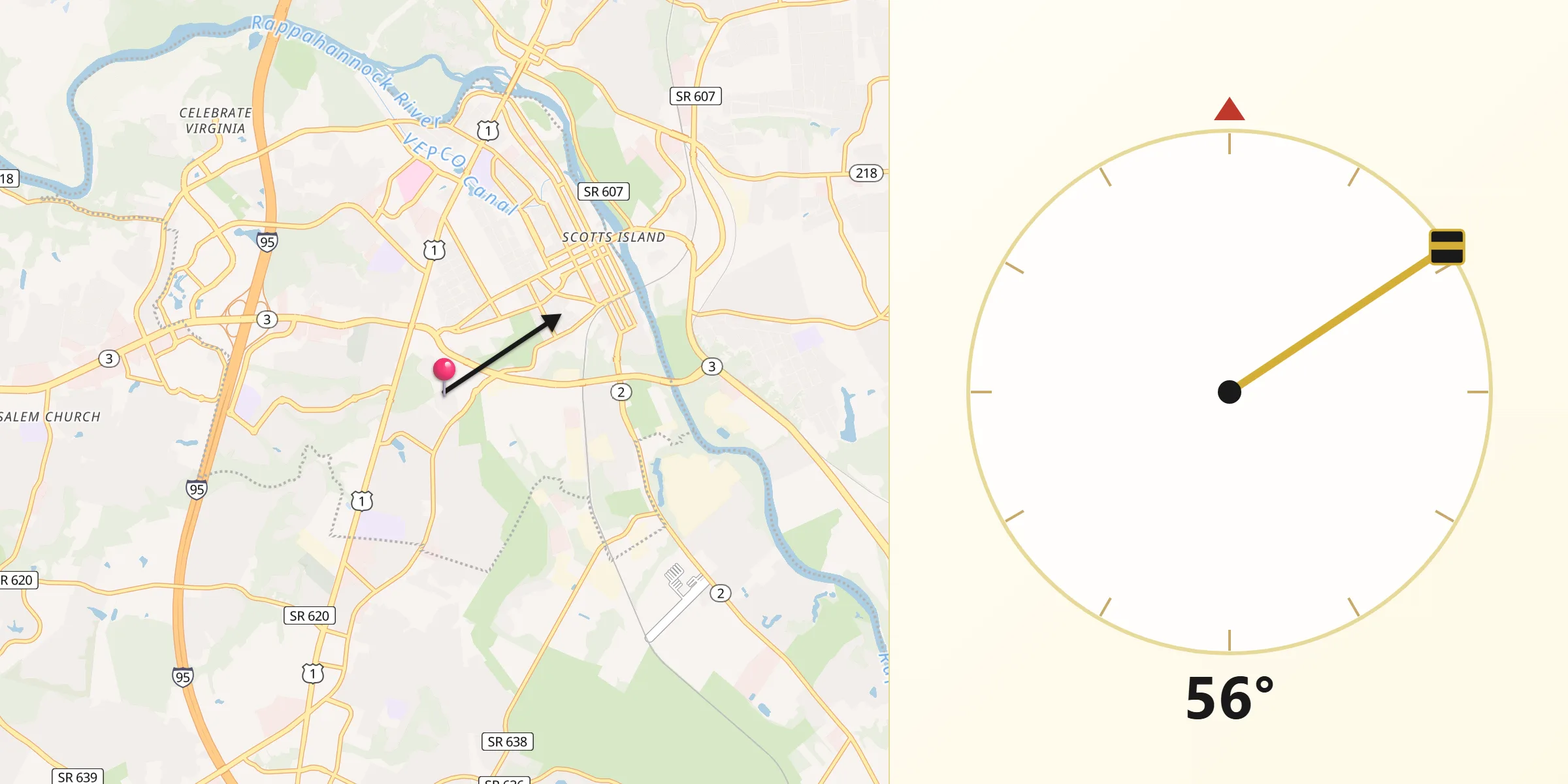 Qibla Direction from City of Fredericksburg