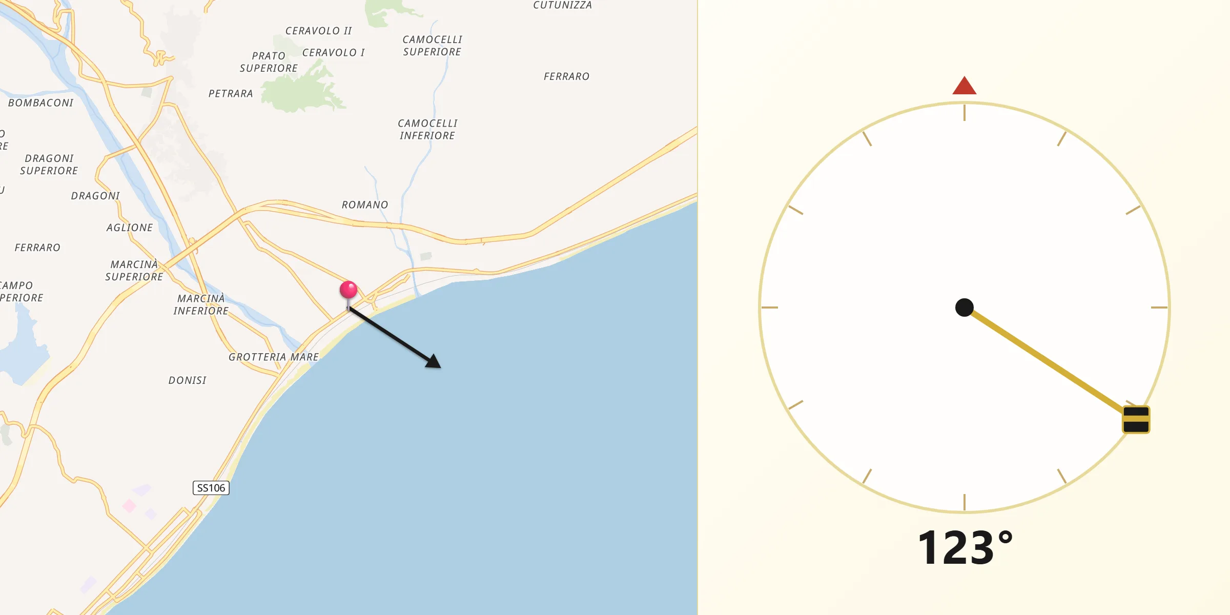 Direzione della Qibla da Marina di Gioiosa Ionica