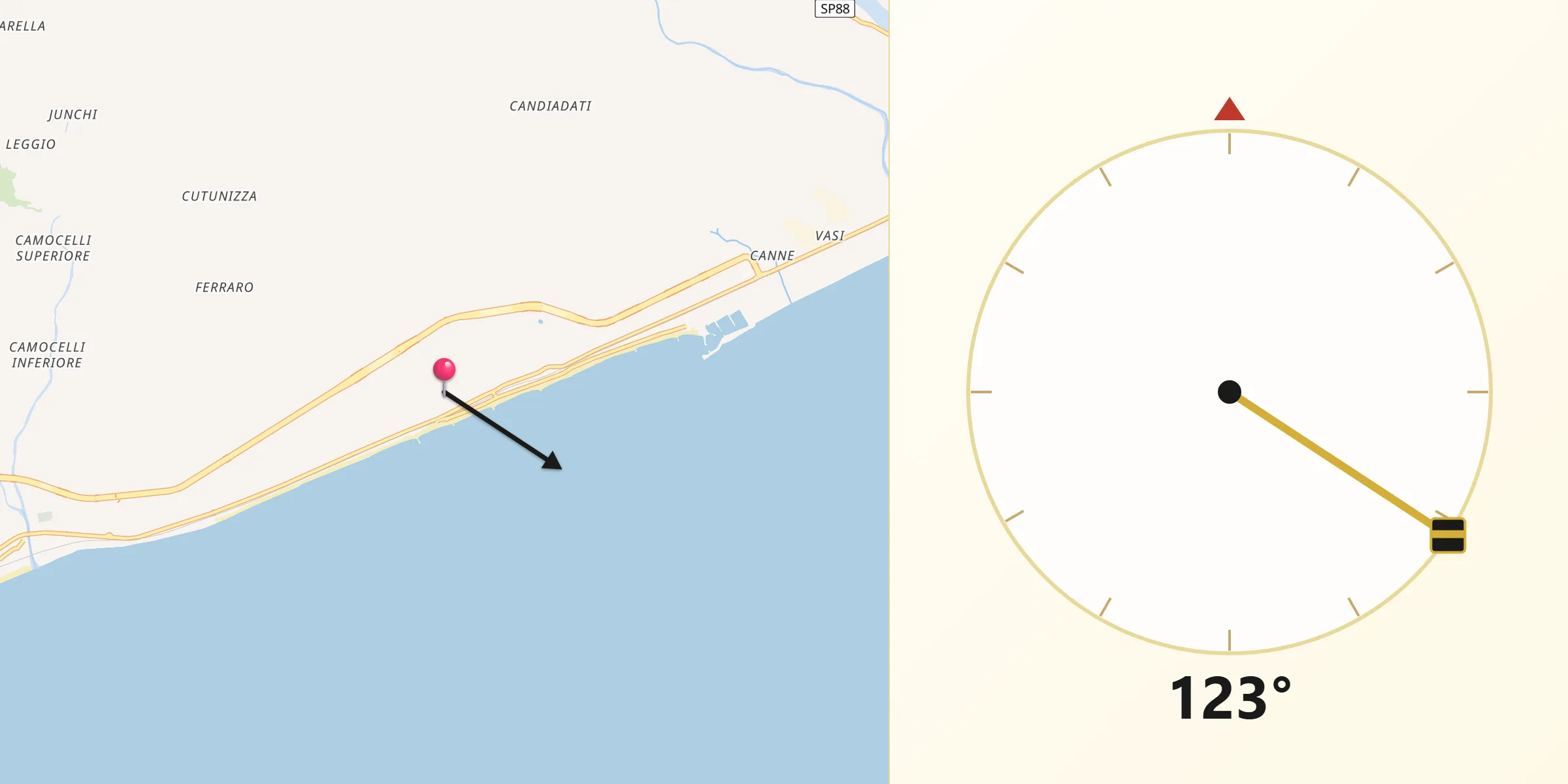 Direzione della Qibla da Roccella Ionica