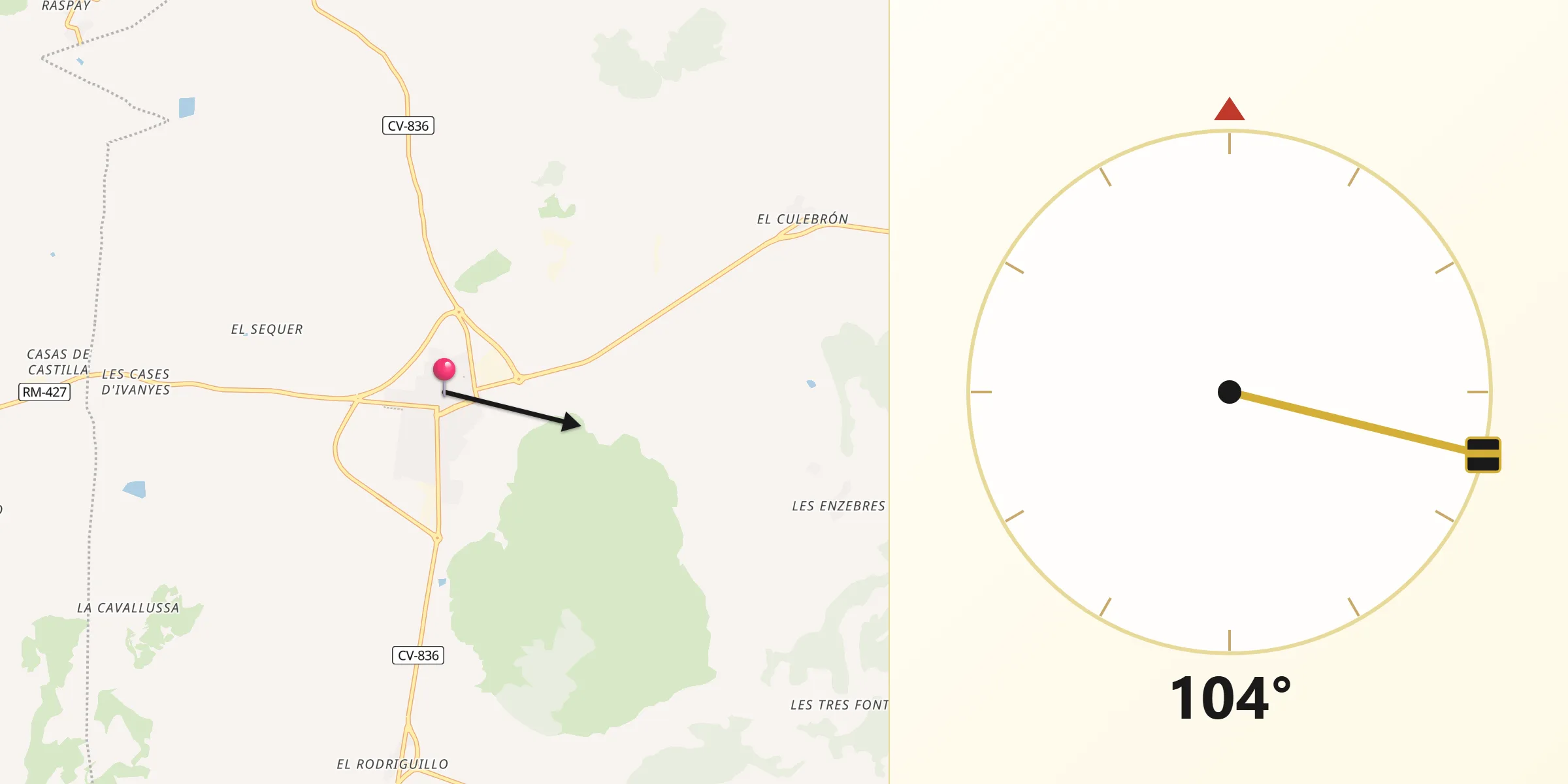Dirección de la Qibla desde Pinós el/Pinoso