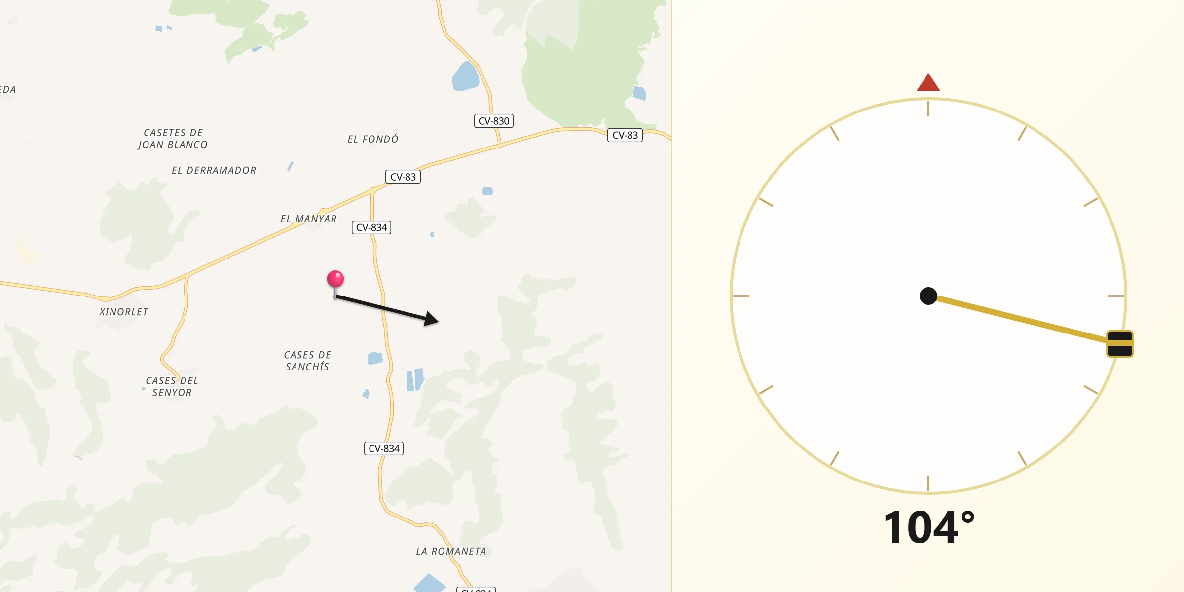 Dirección de la Qibla desde Monóvar/Monòver