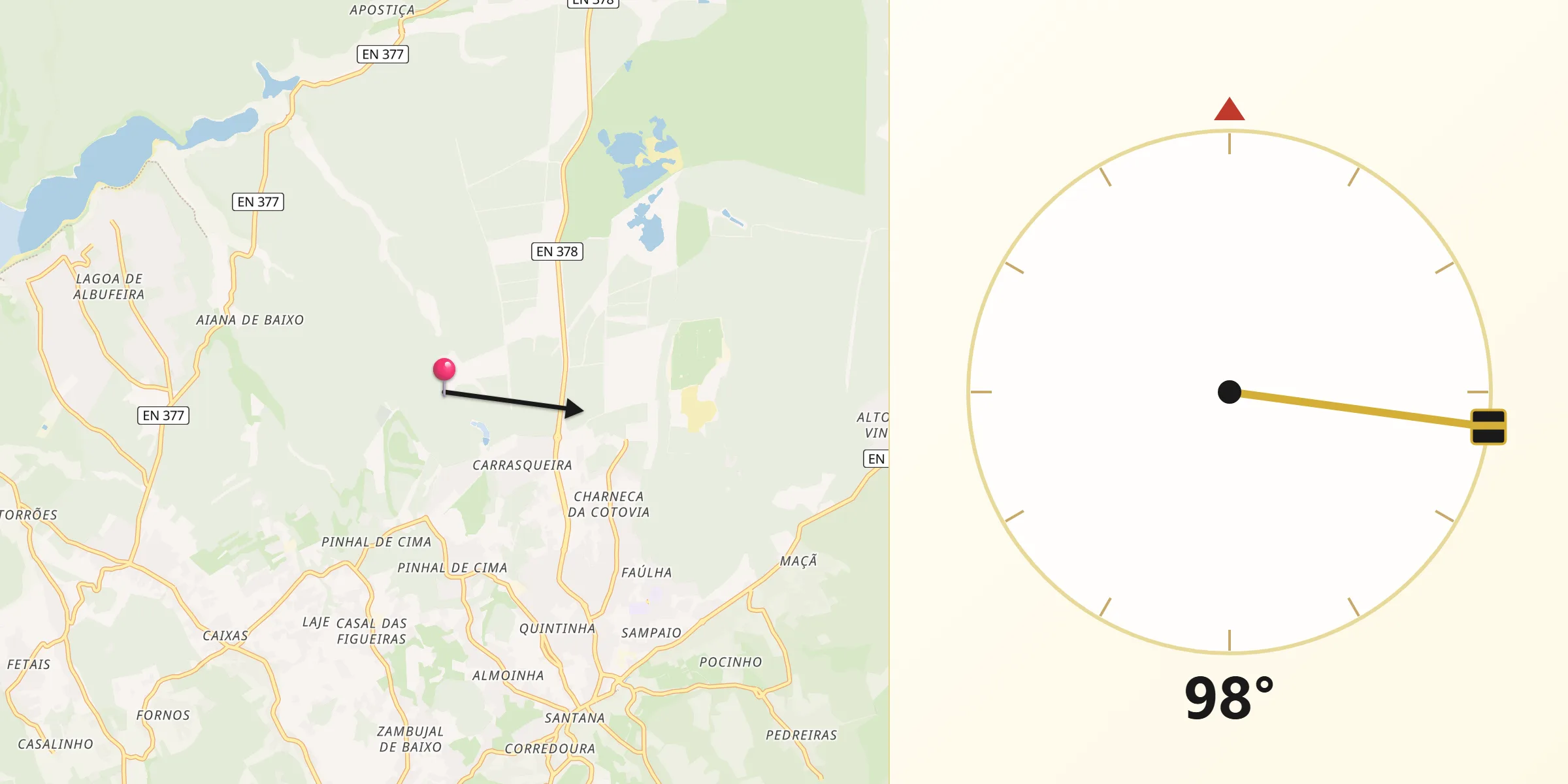 Direção da Qibla a partir de Sesimbra