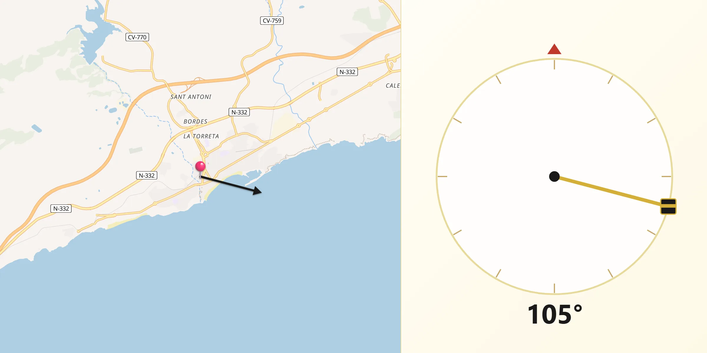 Dirección de la Qibla desde Villajoyosa