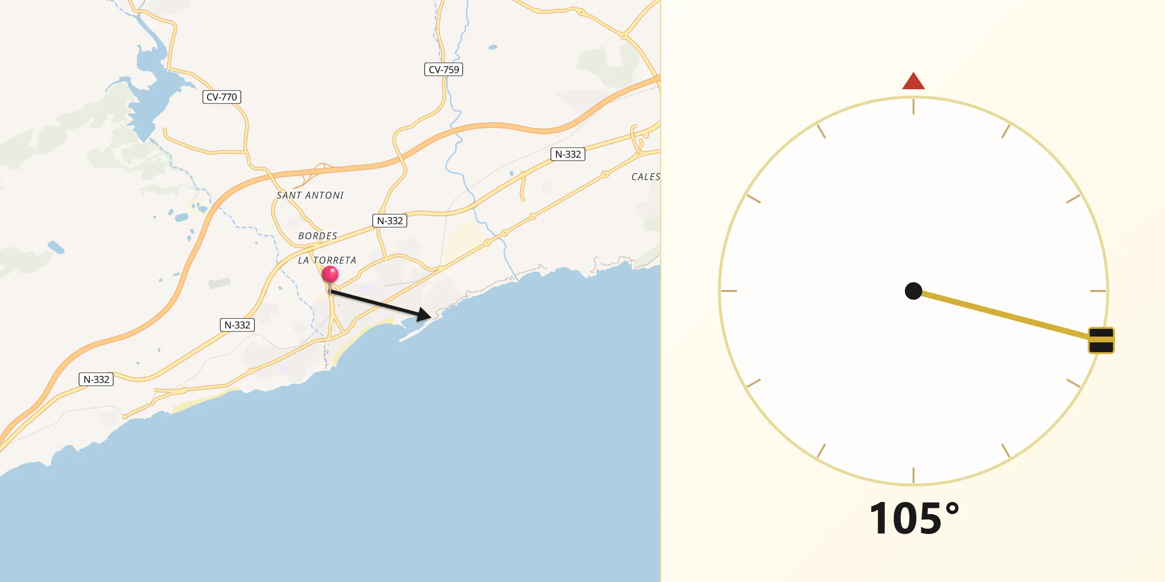 Dirección de la Qibla desde La Villajoyosa/Vila Joiosa