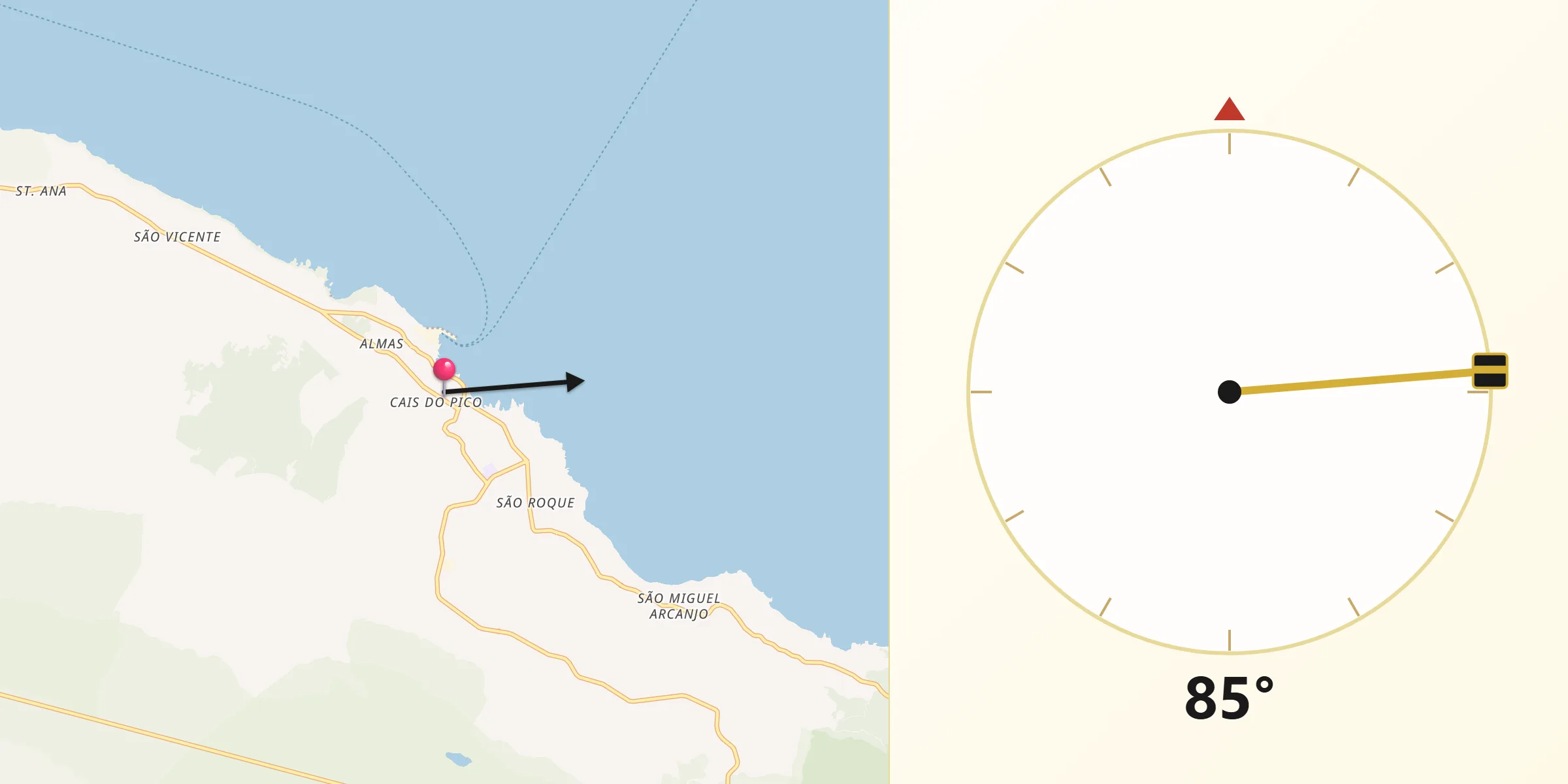 Direção da Qibla a partir de Cais do Pico