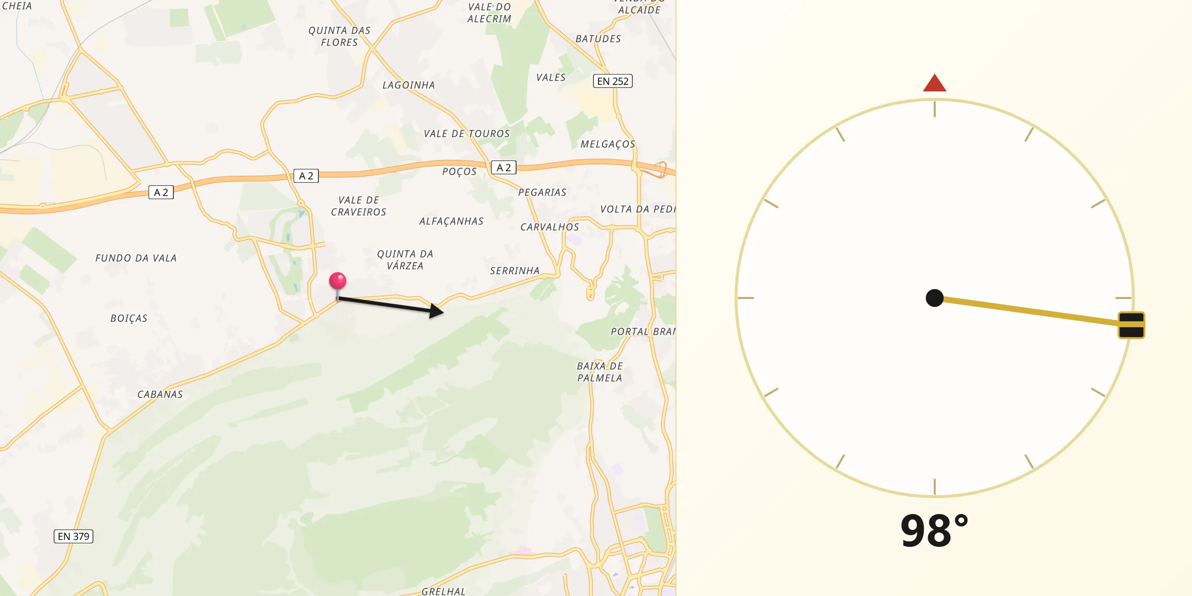 Direção da Qibla a partir de Quinta do Anjo
