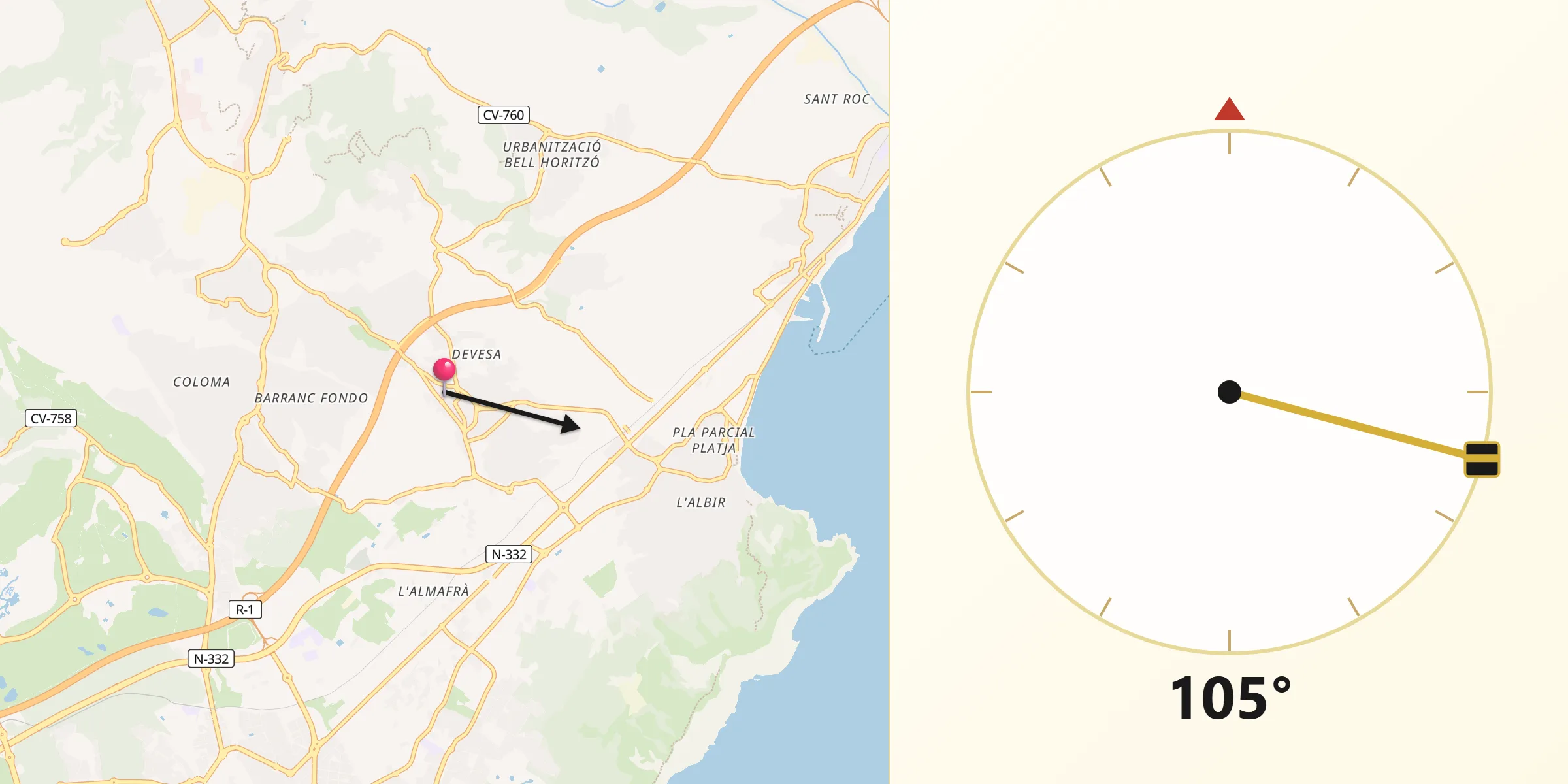 Dirección de la Qibla desde Alfaz del Pi