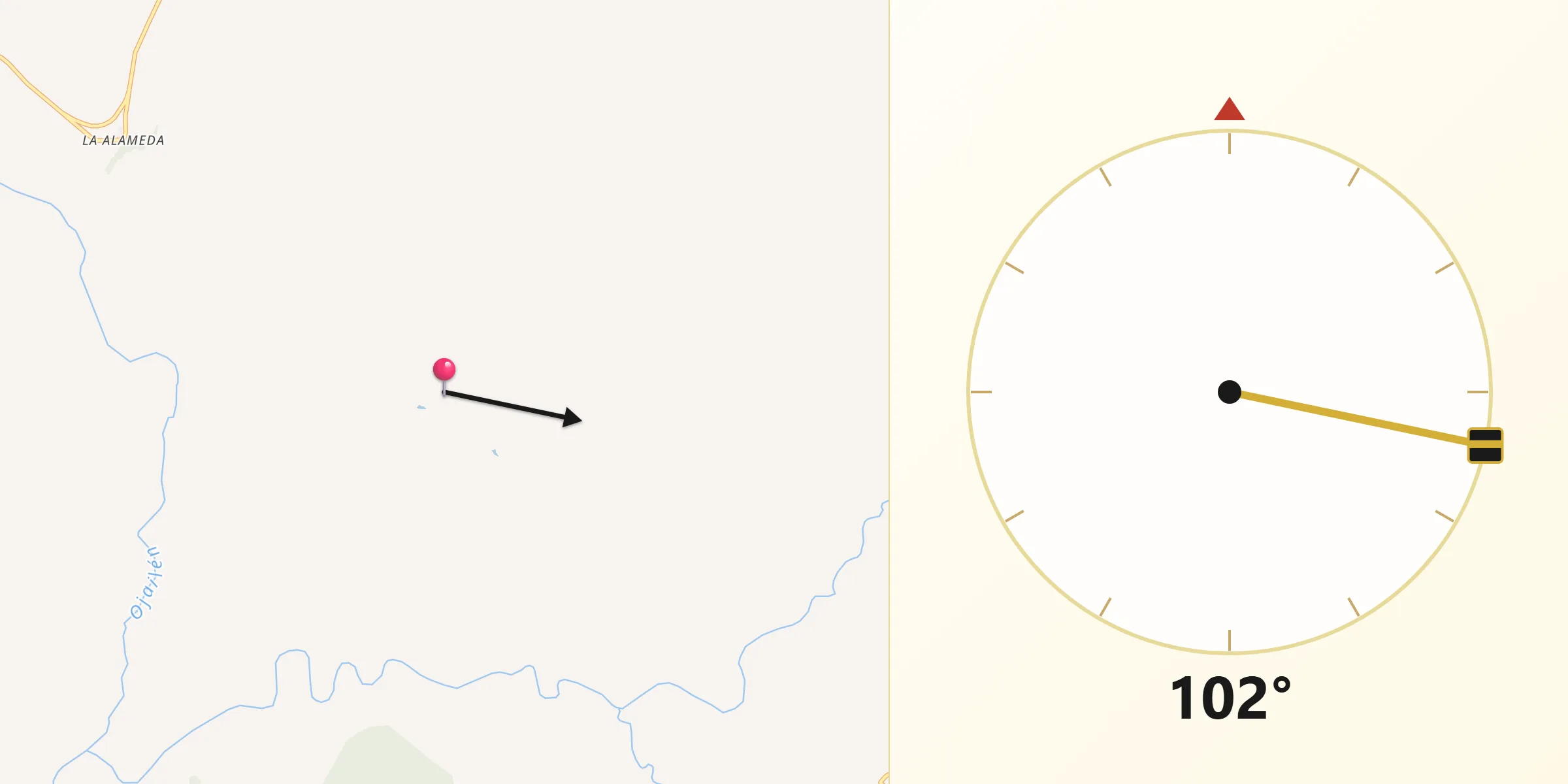 Dirección de la Qibla desde Pozuelo de Calatrava