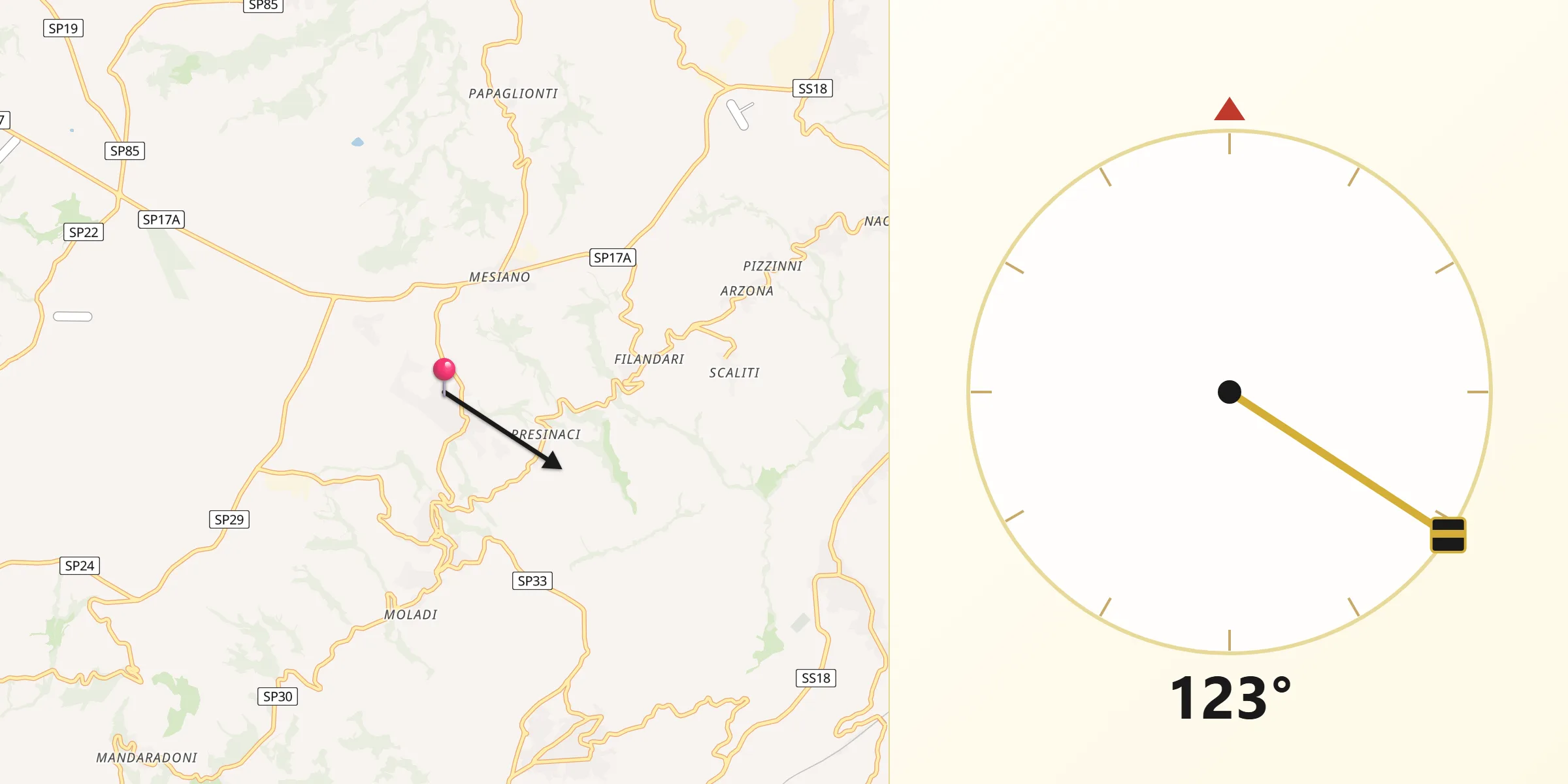 Direzione della Qibla da Pernocari-Presinaci