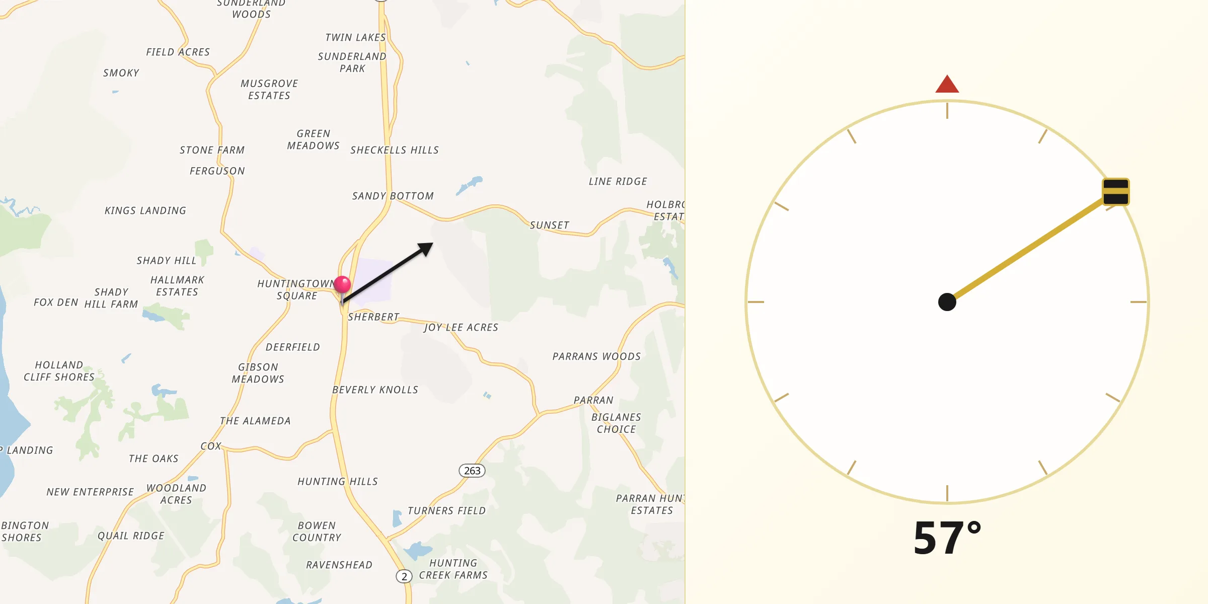 Qibla Direction from Huntingtown