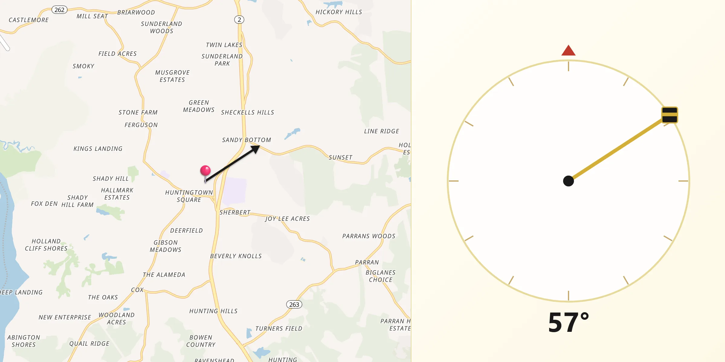 Qibla Direction from Huntingtown Town Center