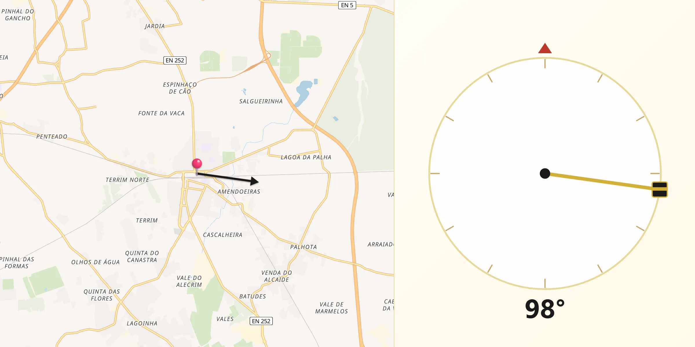 Direção da Qibla a partir de Pinhal Novo