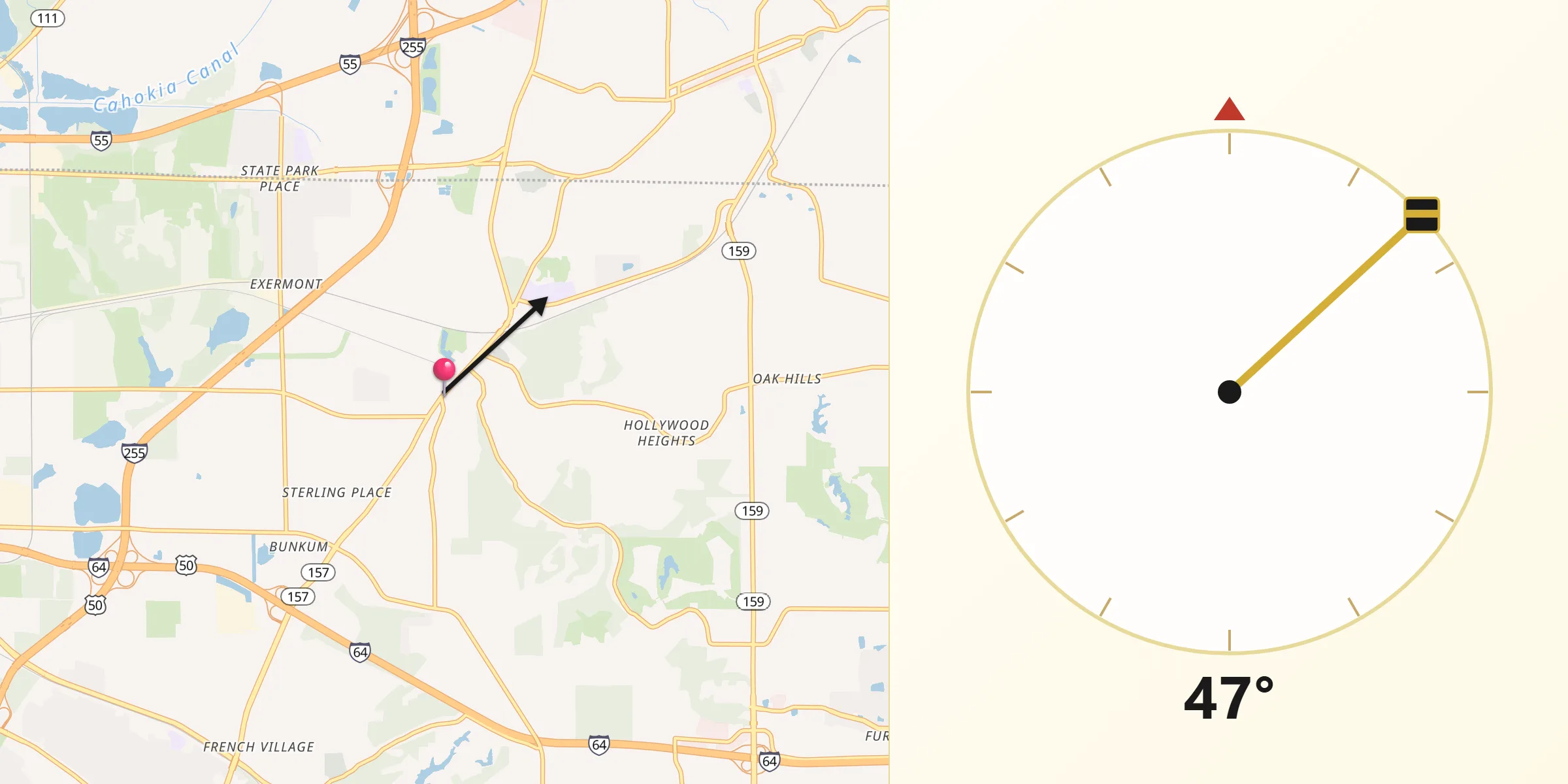 Qibla Direction from Caseyville