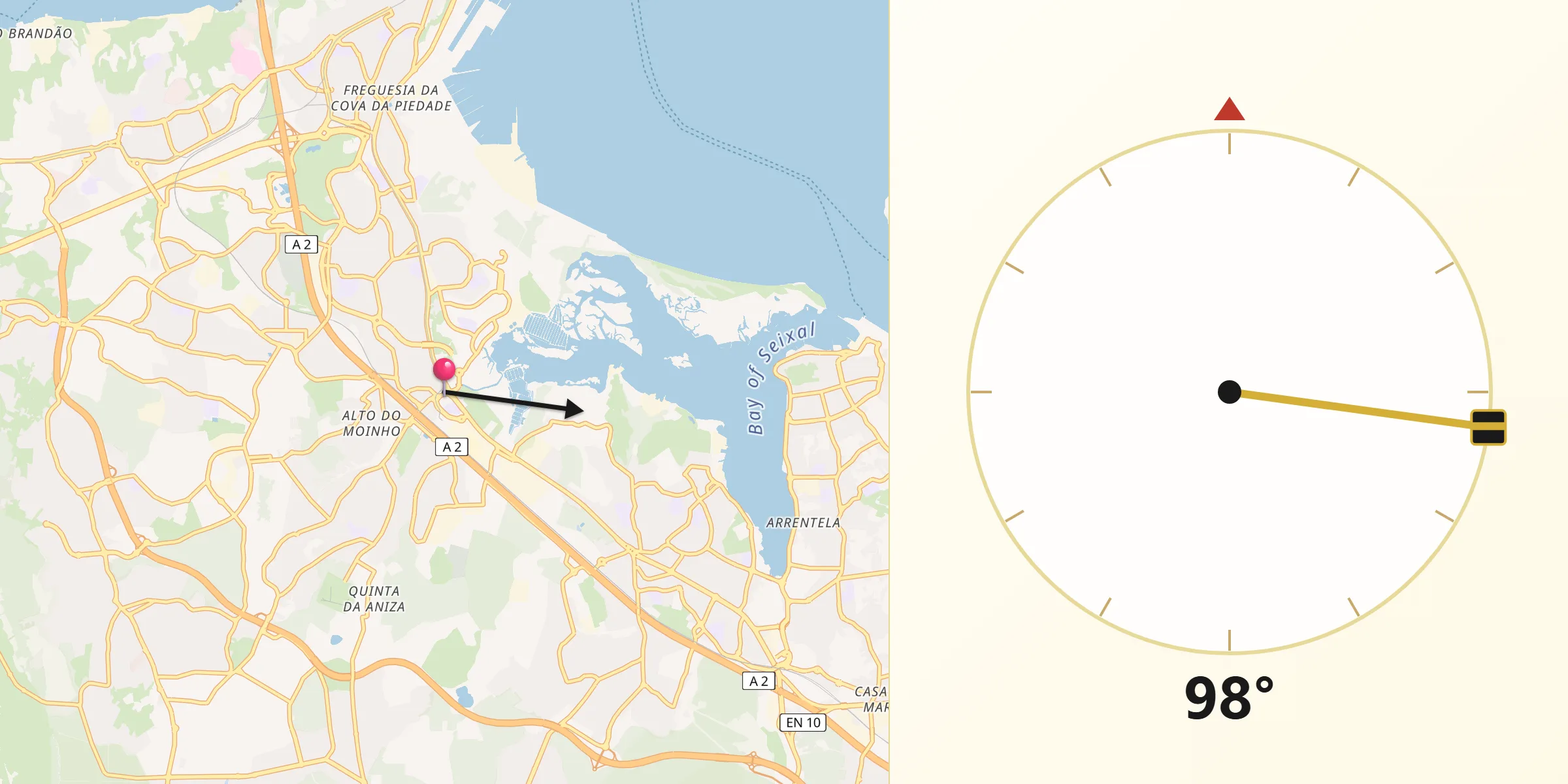 Direção da Qibla a partir de Corroios