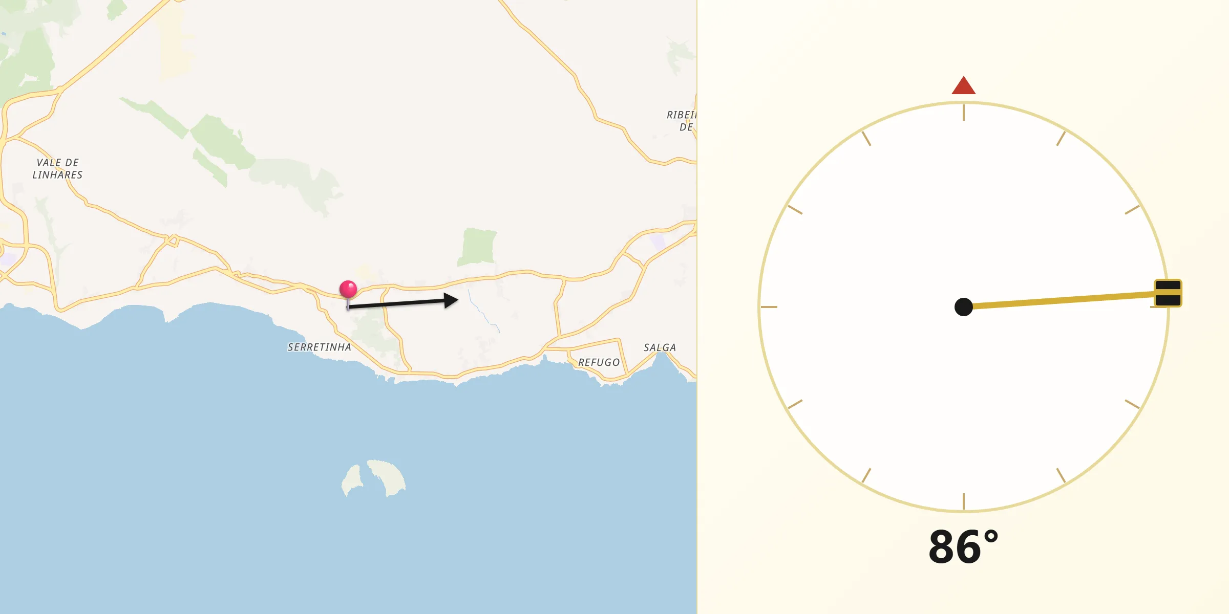 Direção da Qibla a partir de Feteira