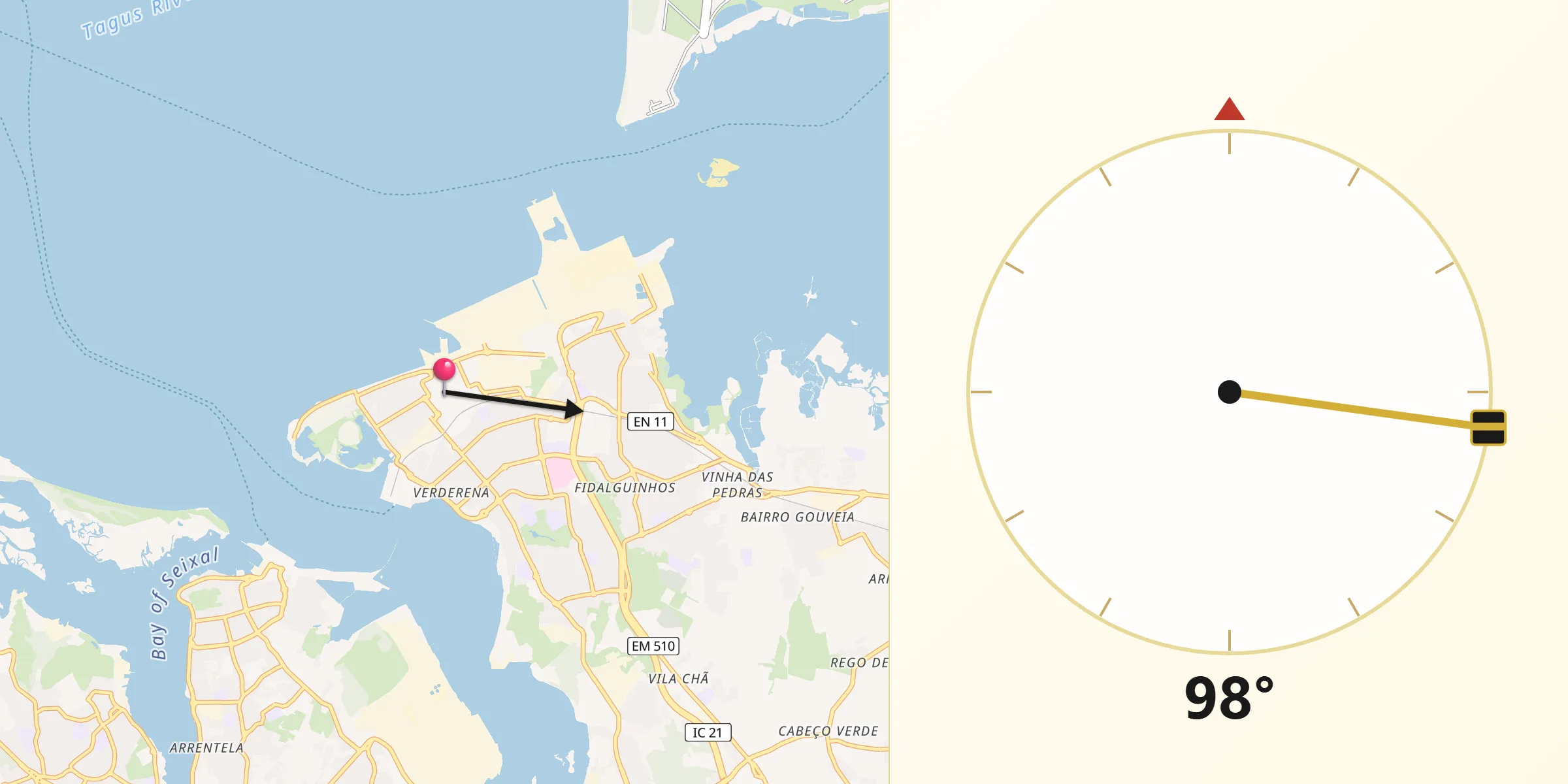 Direção da Qibla a partir de Barreiro