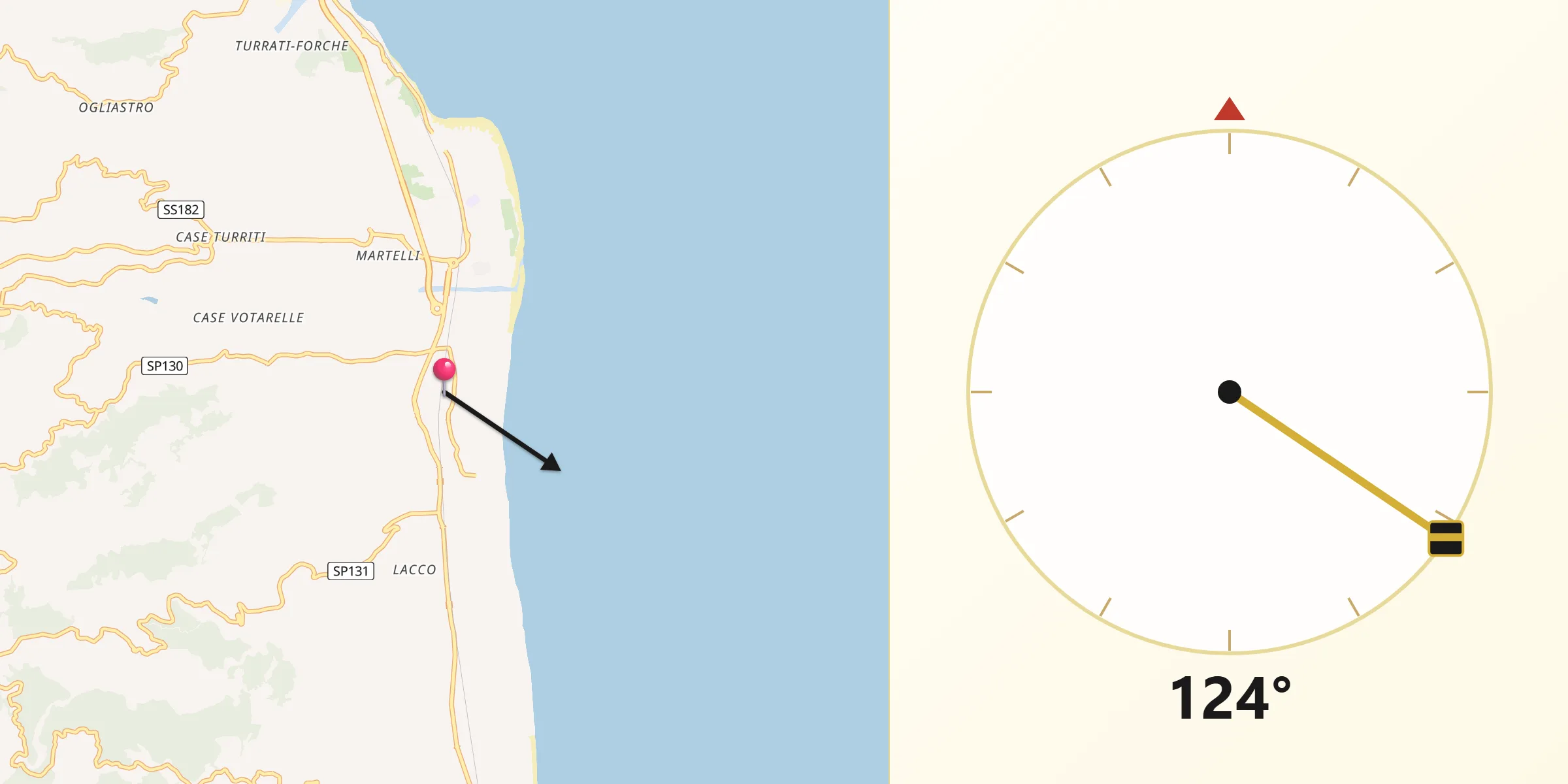 Direzione della Qibla da Marina di Davoli
