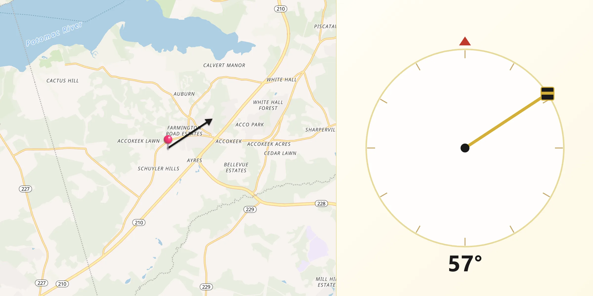 Qibla Direction from Accokeek