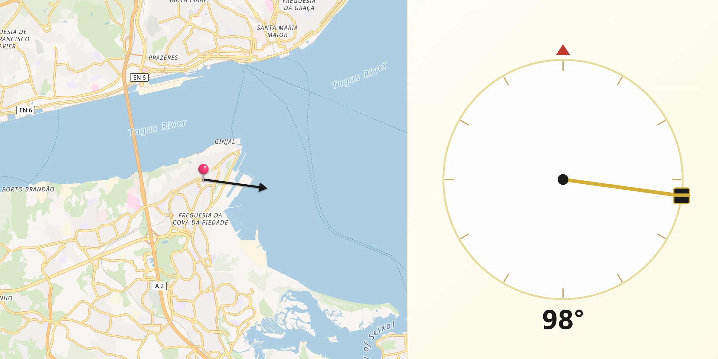Direção da Qibla a partir de Almada