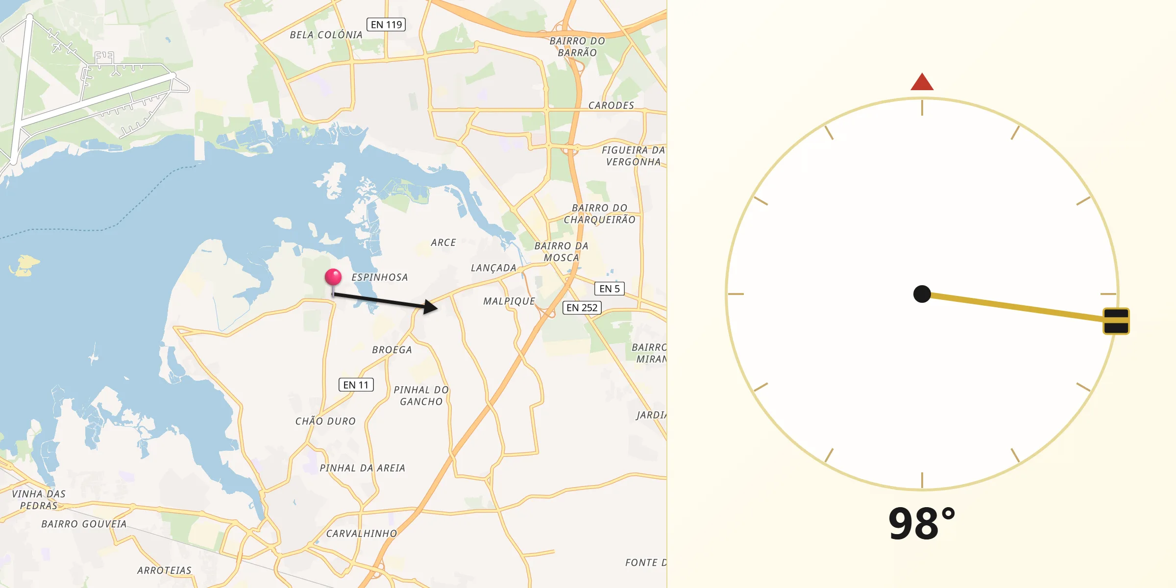 Direção da Qibla a partir de Sarilhos Pequenos