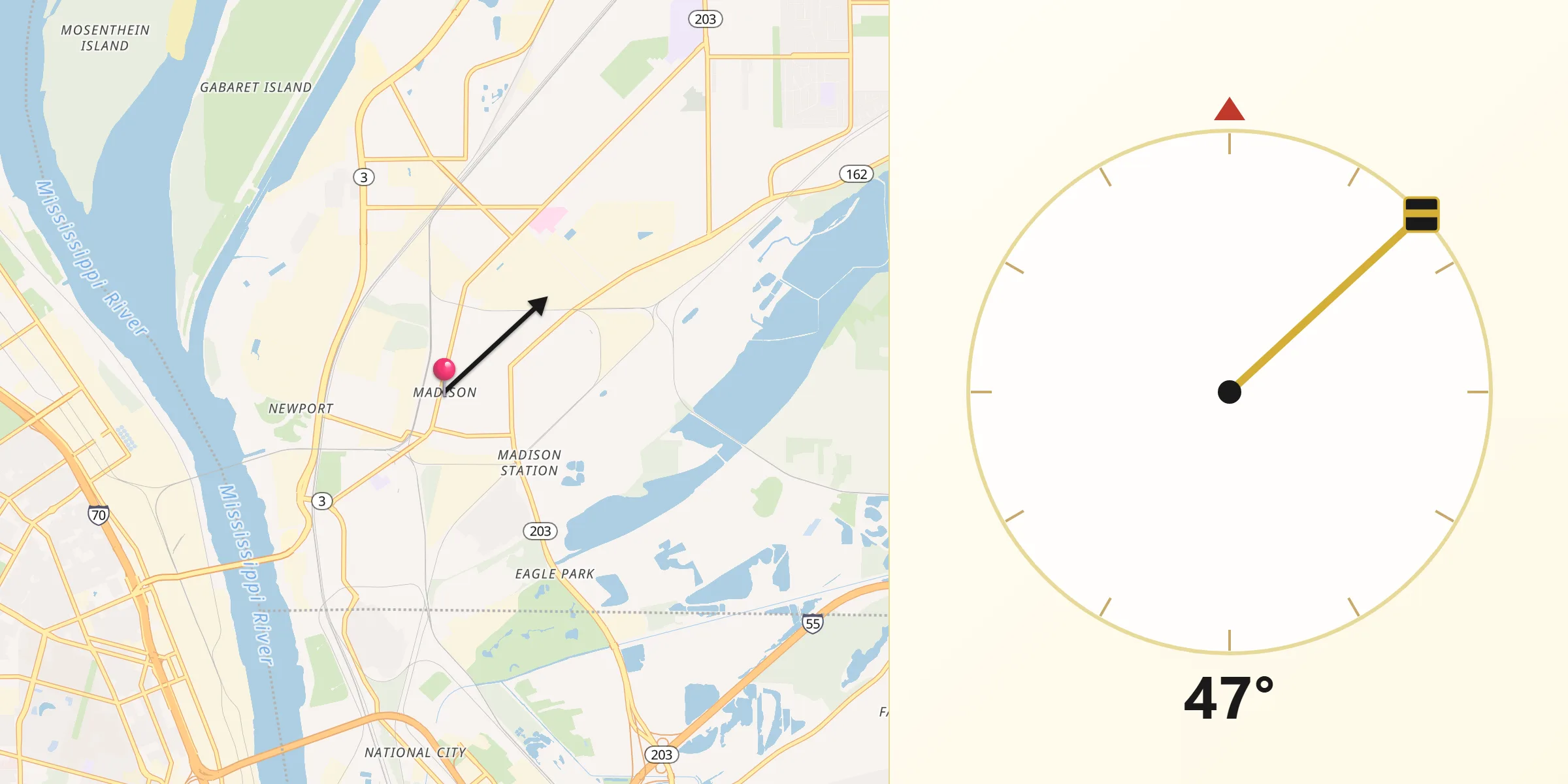 Dirección de la Qibla desde Madison
