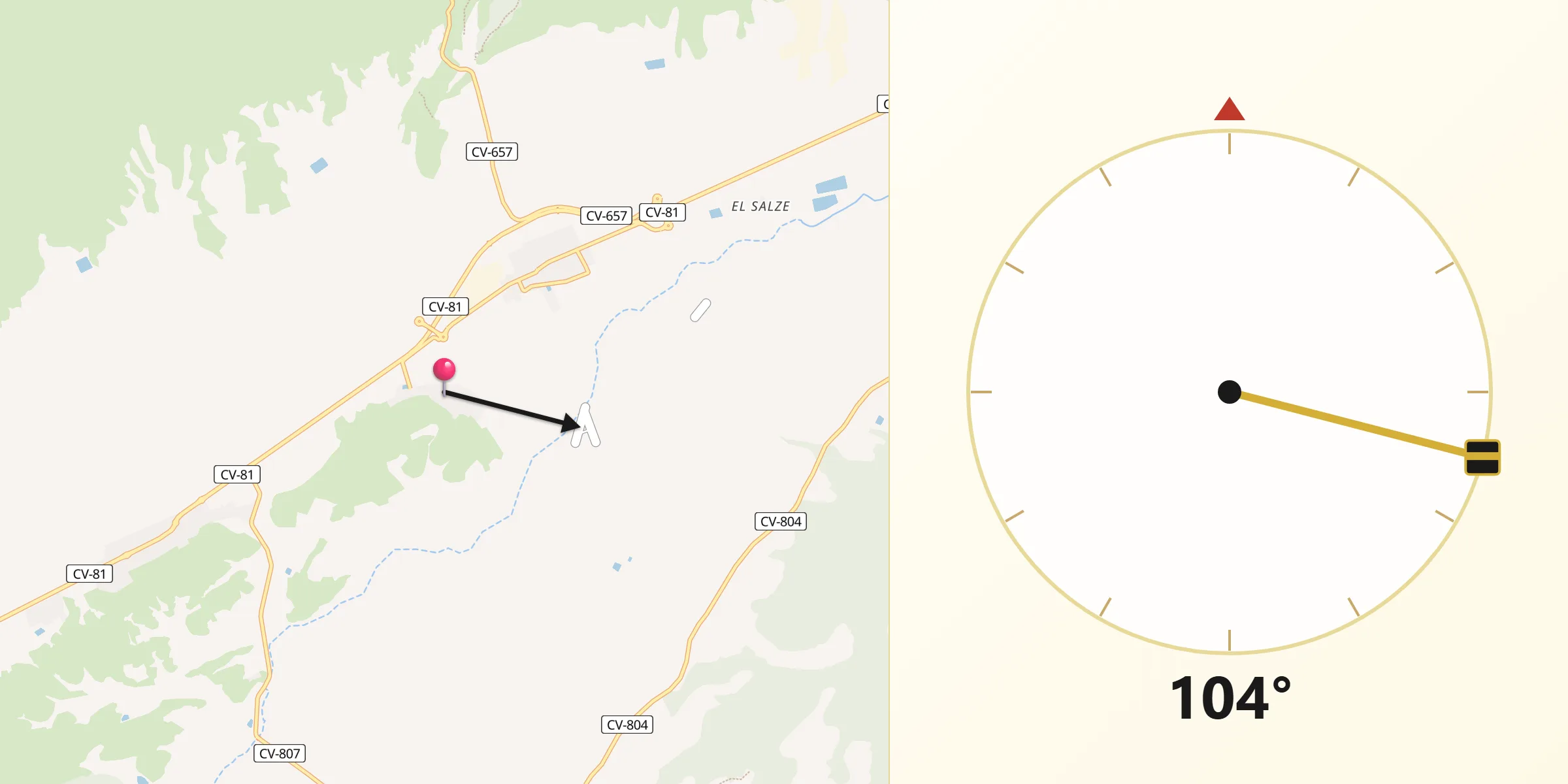 Dirección de la Qibla desde El Campo de Mirra/Camp de Mirra