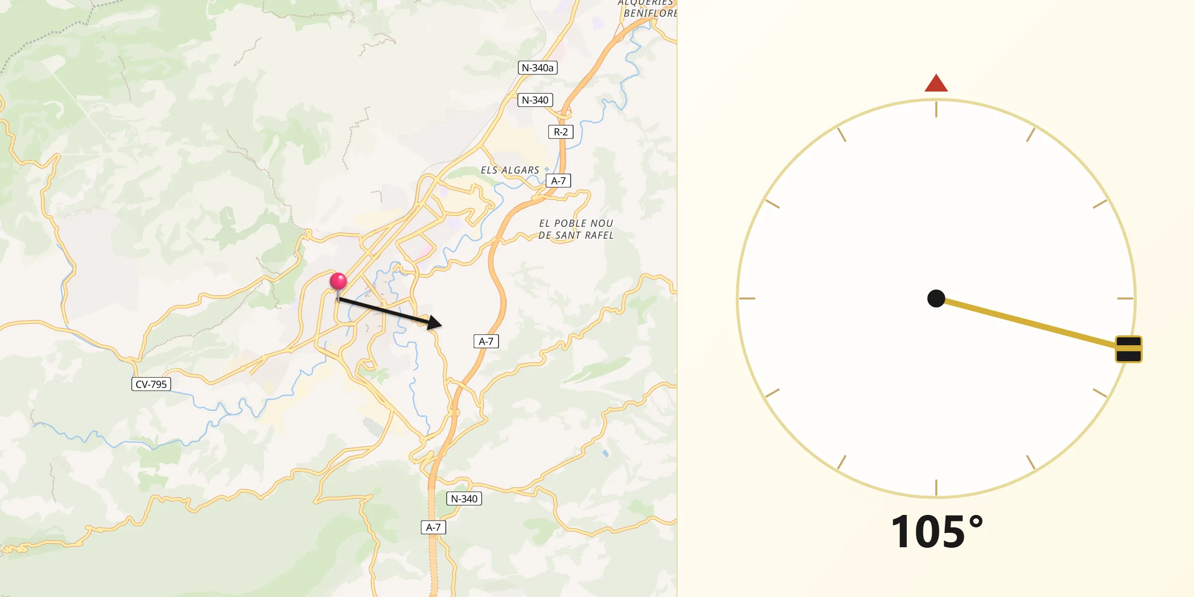 Dirección de la Qibla desde Alcoy/Alcoi