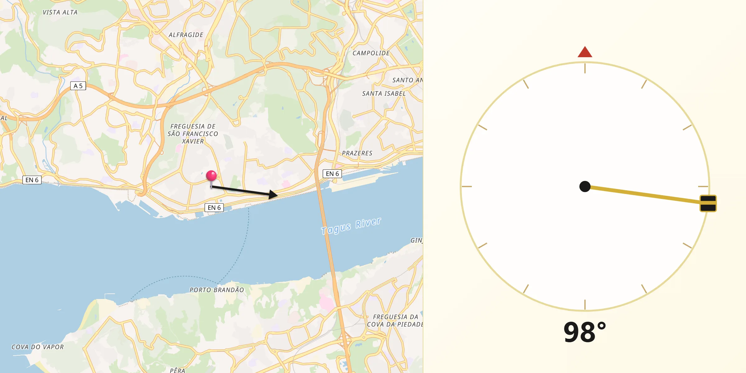 Direção da Qibla a partir de Santa Maria de Belém