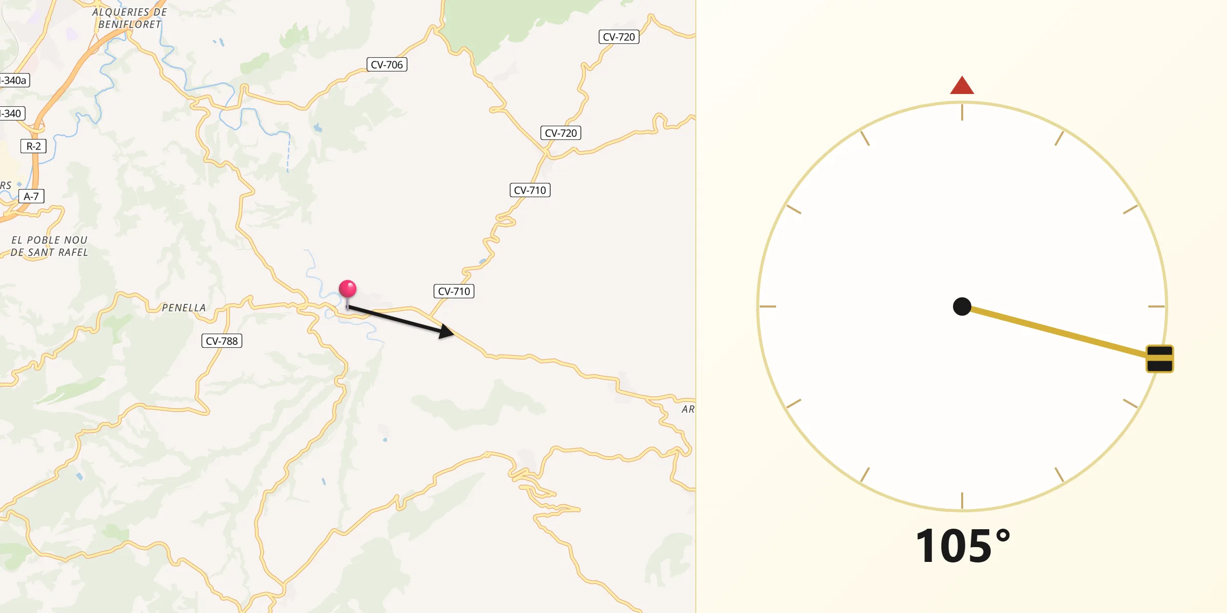Dirección de la Qibla desde Benilloba