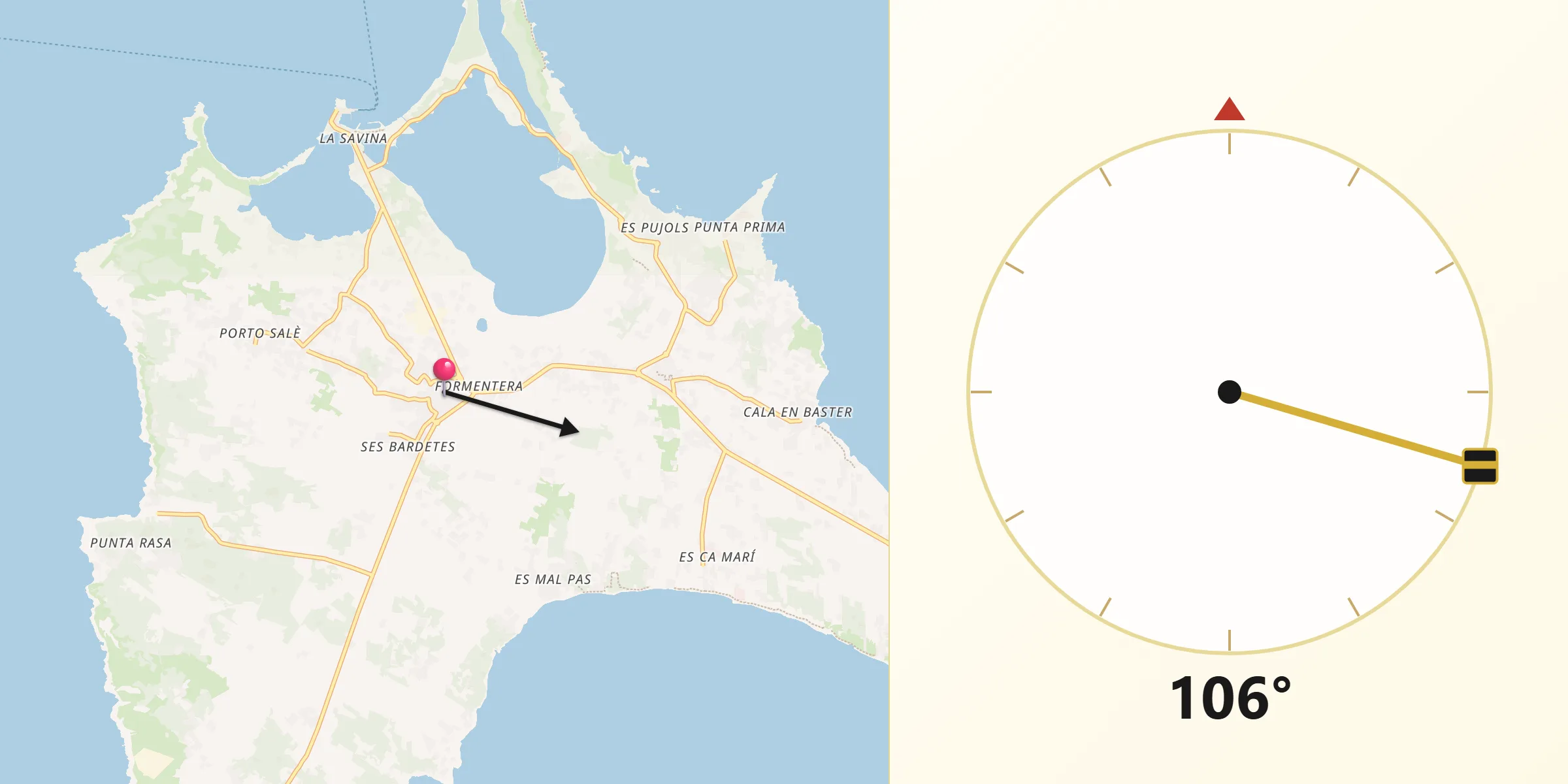 Dirección de la Qibla desde Sant Francesc de Formentera